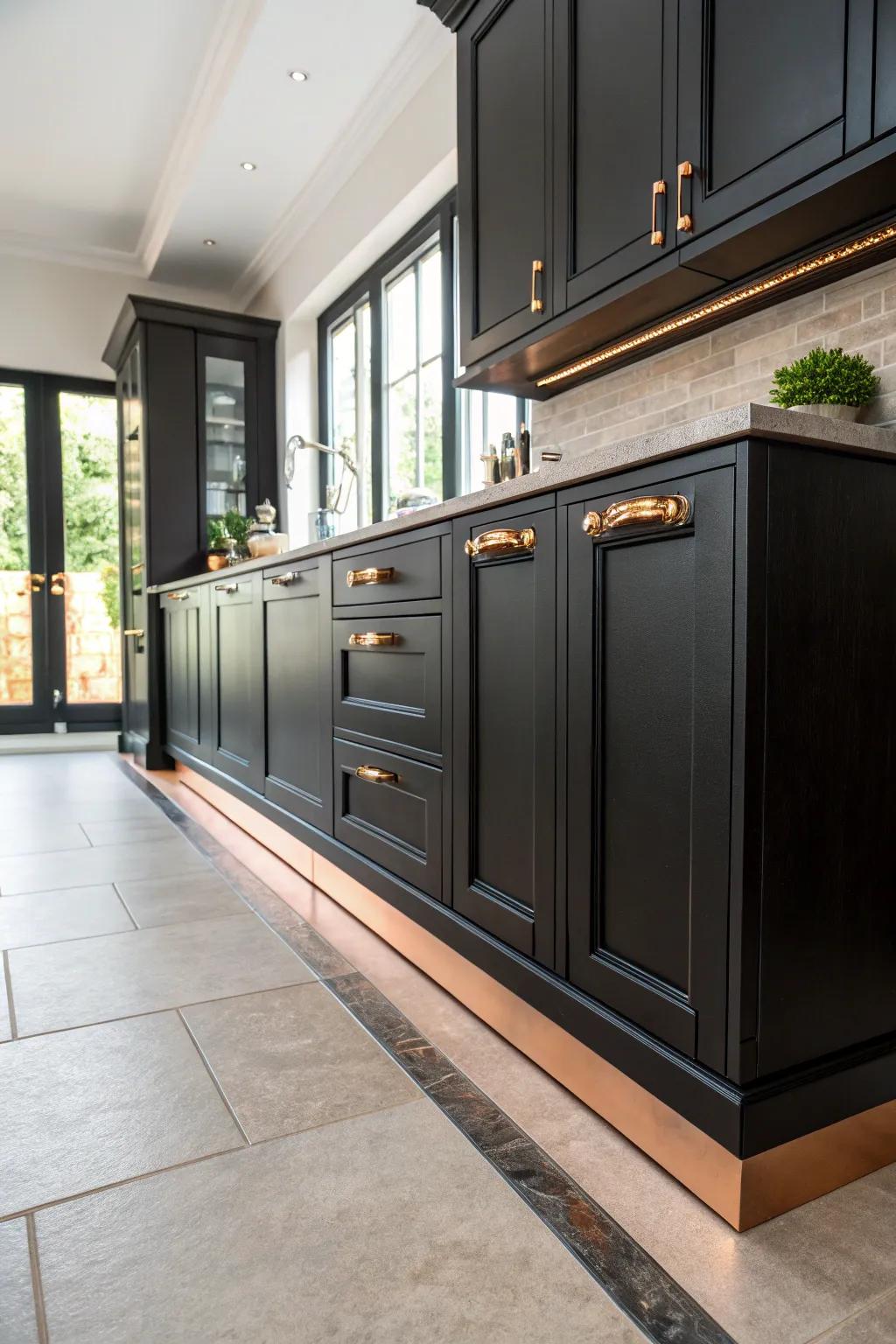 Copper plinths impart a subtle elegance to the base of black cabinets.