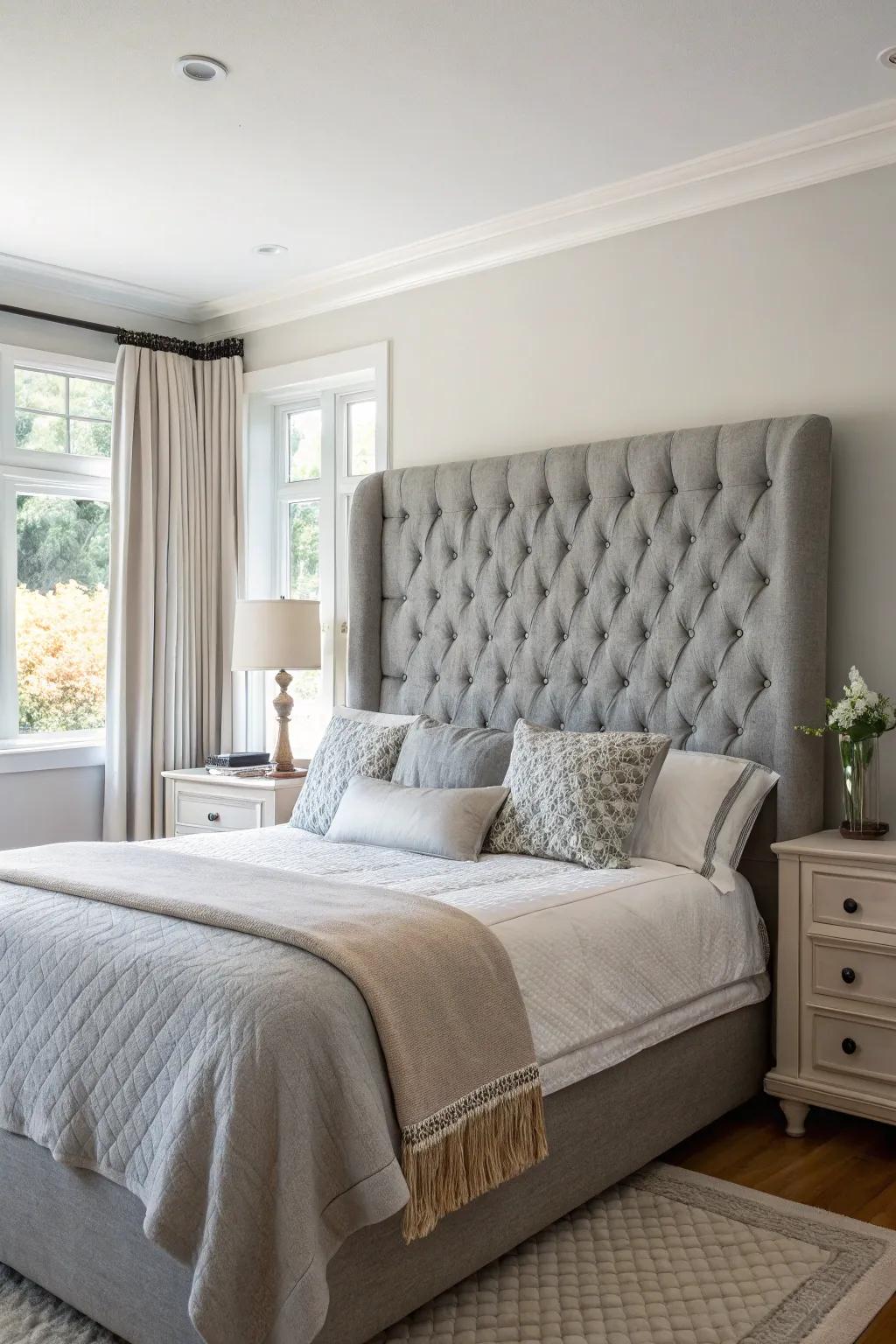A bedroom featuring a tufted statement headboard in grey.