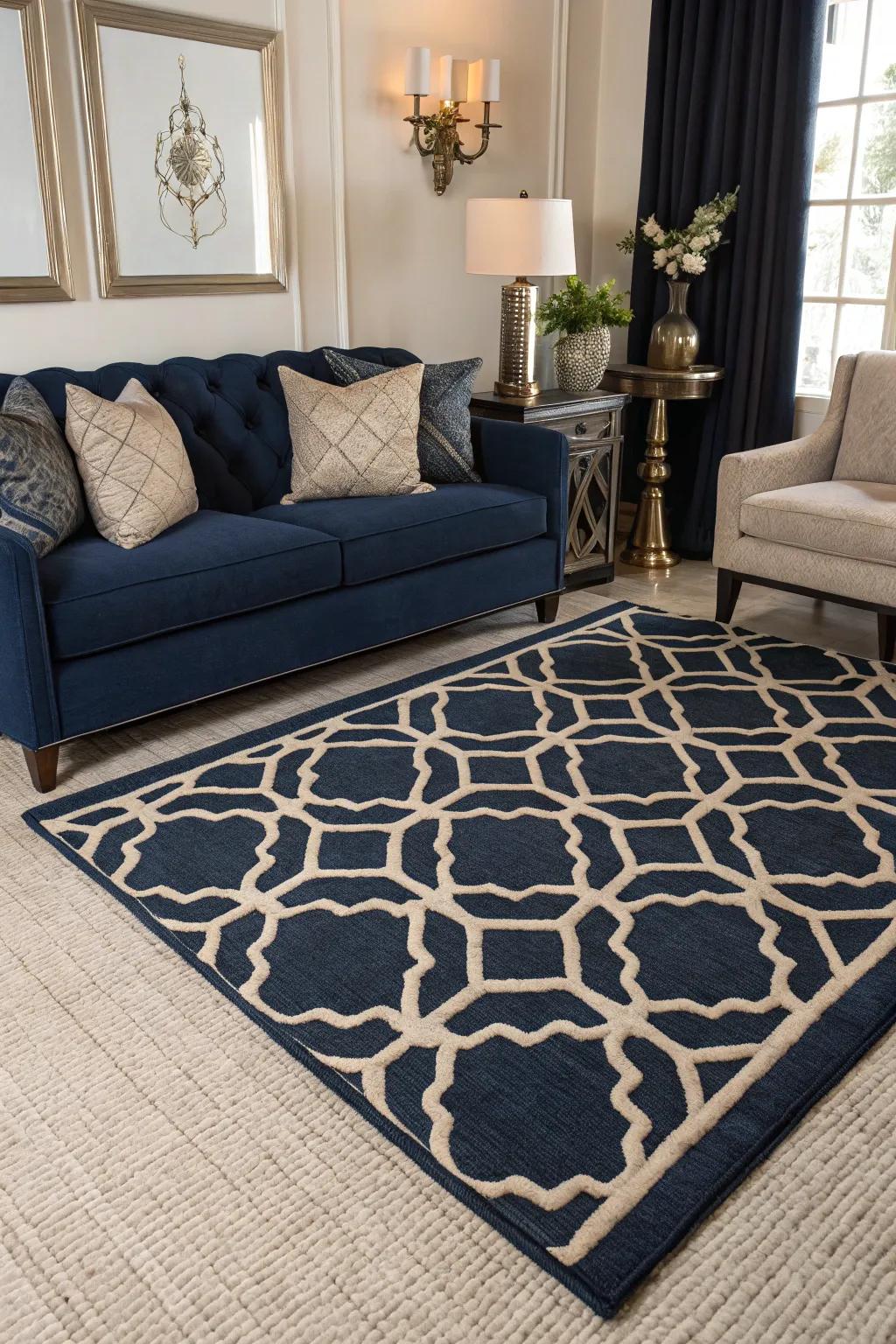 A patterned floor covering introduces warmth and texture to the space.