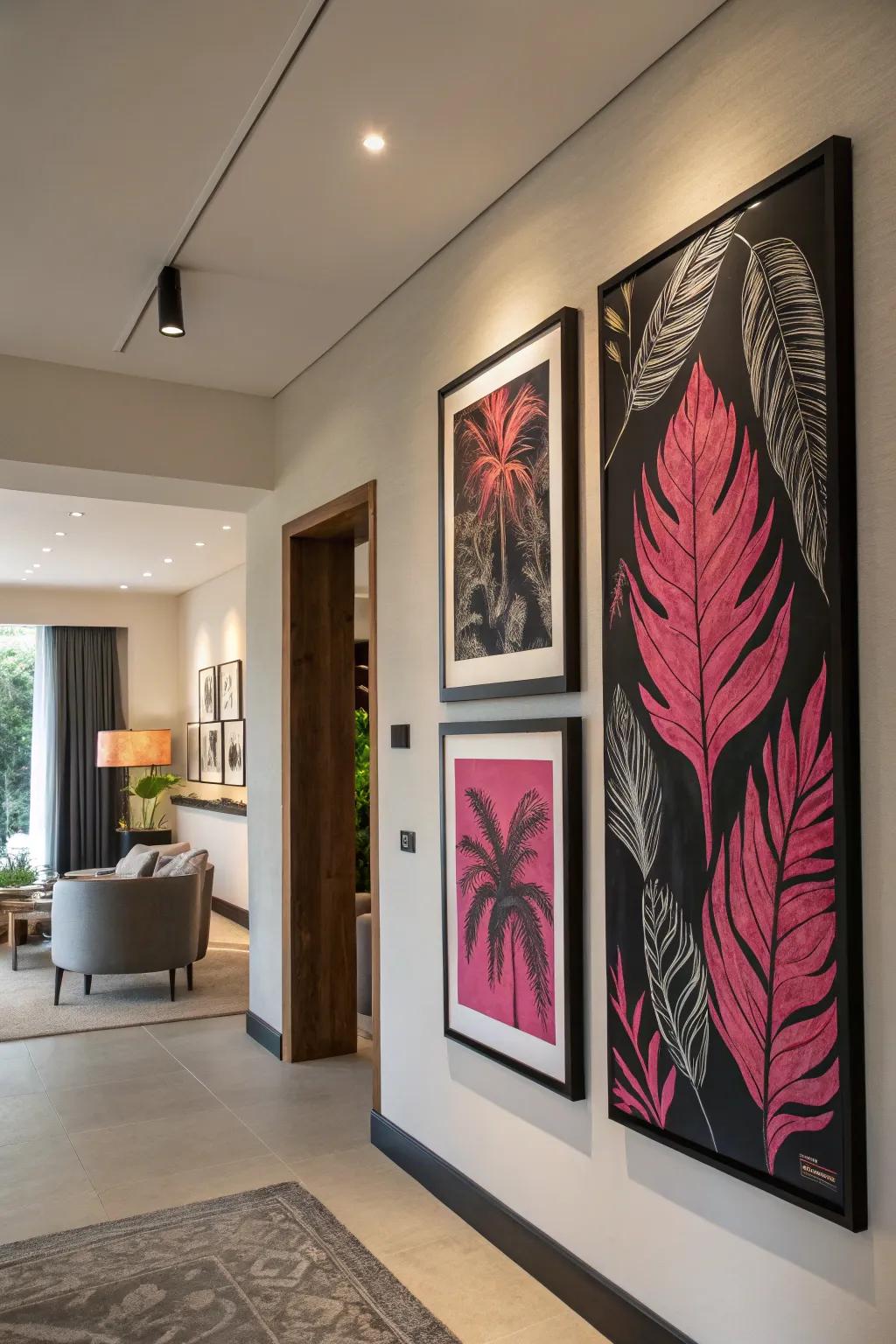 Coordinated artwork ties the room’s aesthetic together.