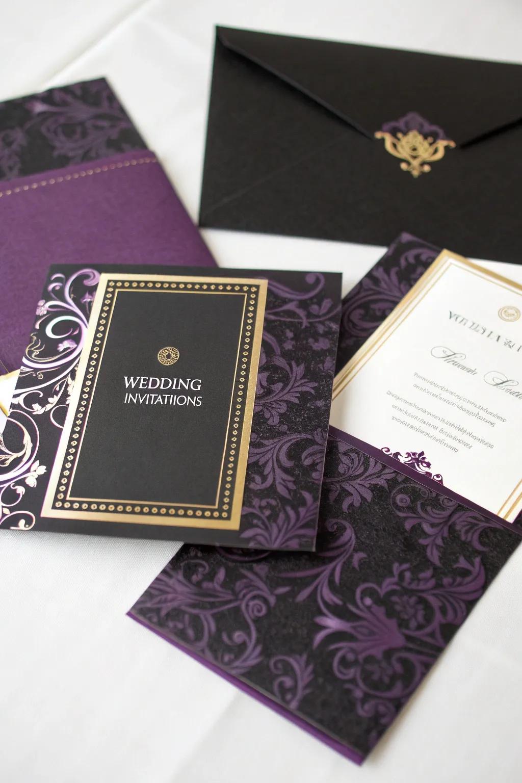 Elegant wedding announcements in black and purple.