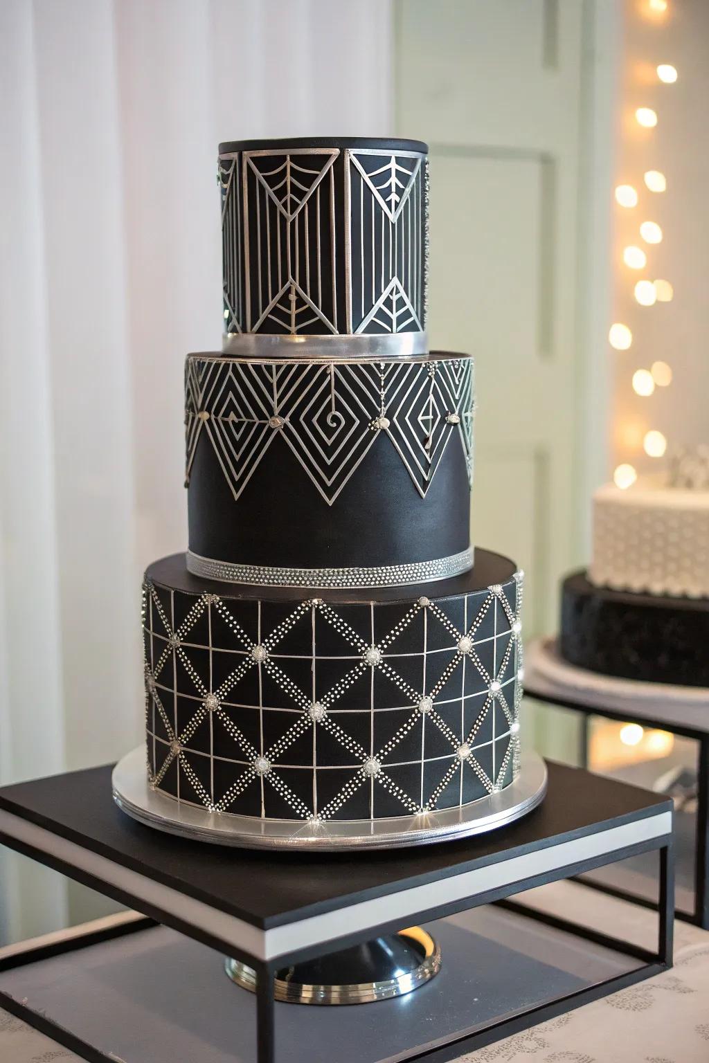 A modern wedding cake in shadow and shimmer.