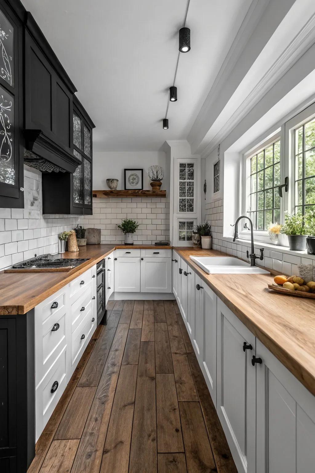 Warm timber embellishments enrich the tactile quality of this monochrome cooking area.