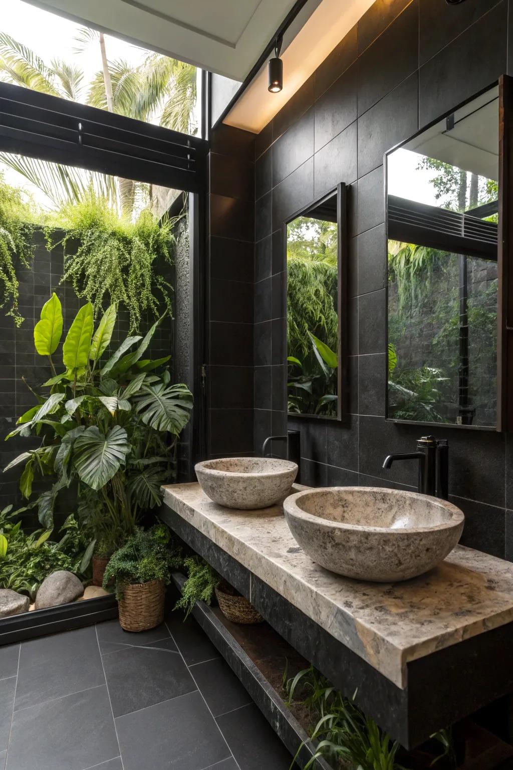 Organic elements transform an ebony bathroom into a spa-like retreat.