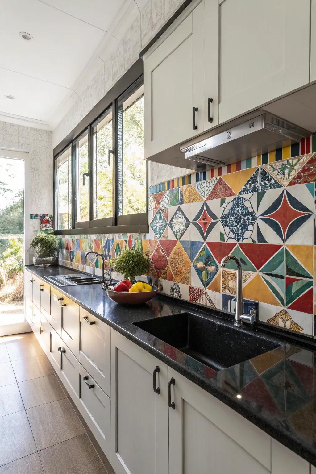 An ornamental splashback introduces visual intrigue to dark-toned countertops.