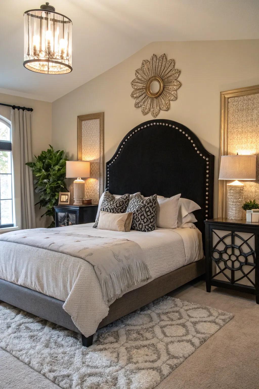 Sophisticated bedroom featuring a unique dark arched headboard