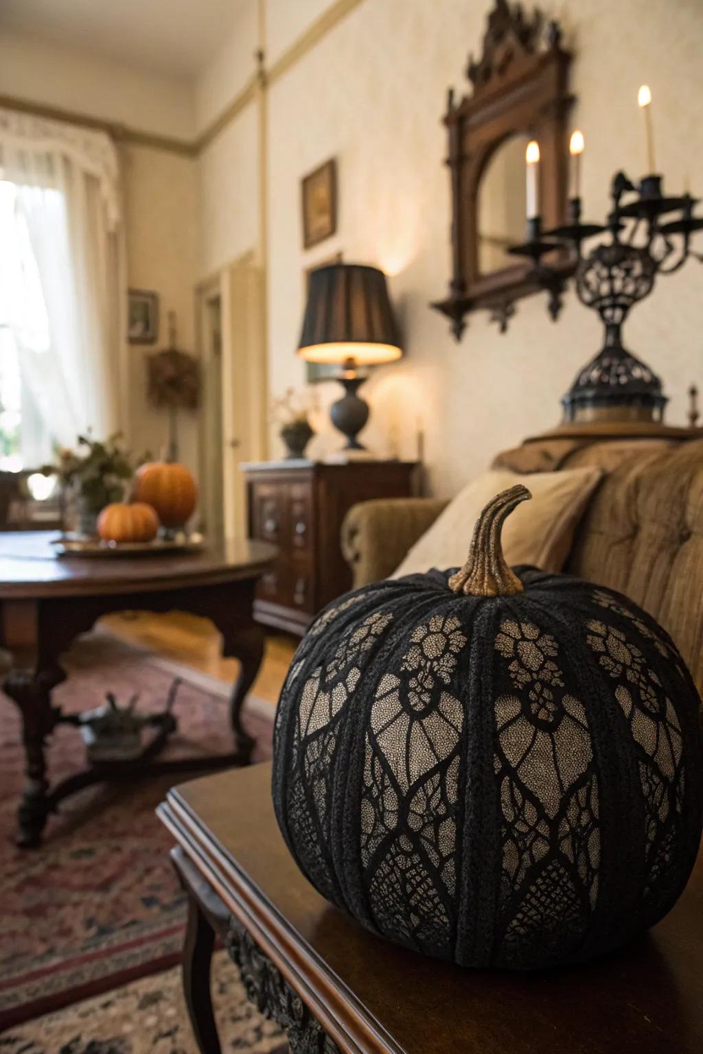 A black pumpkin with a lace overlay, combining elegance and spookiness.