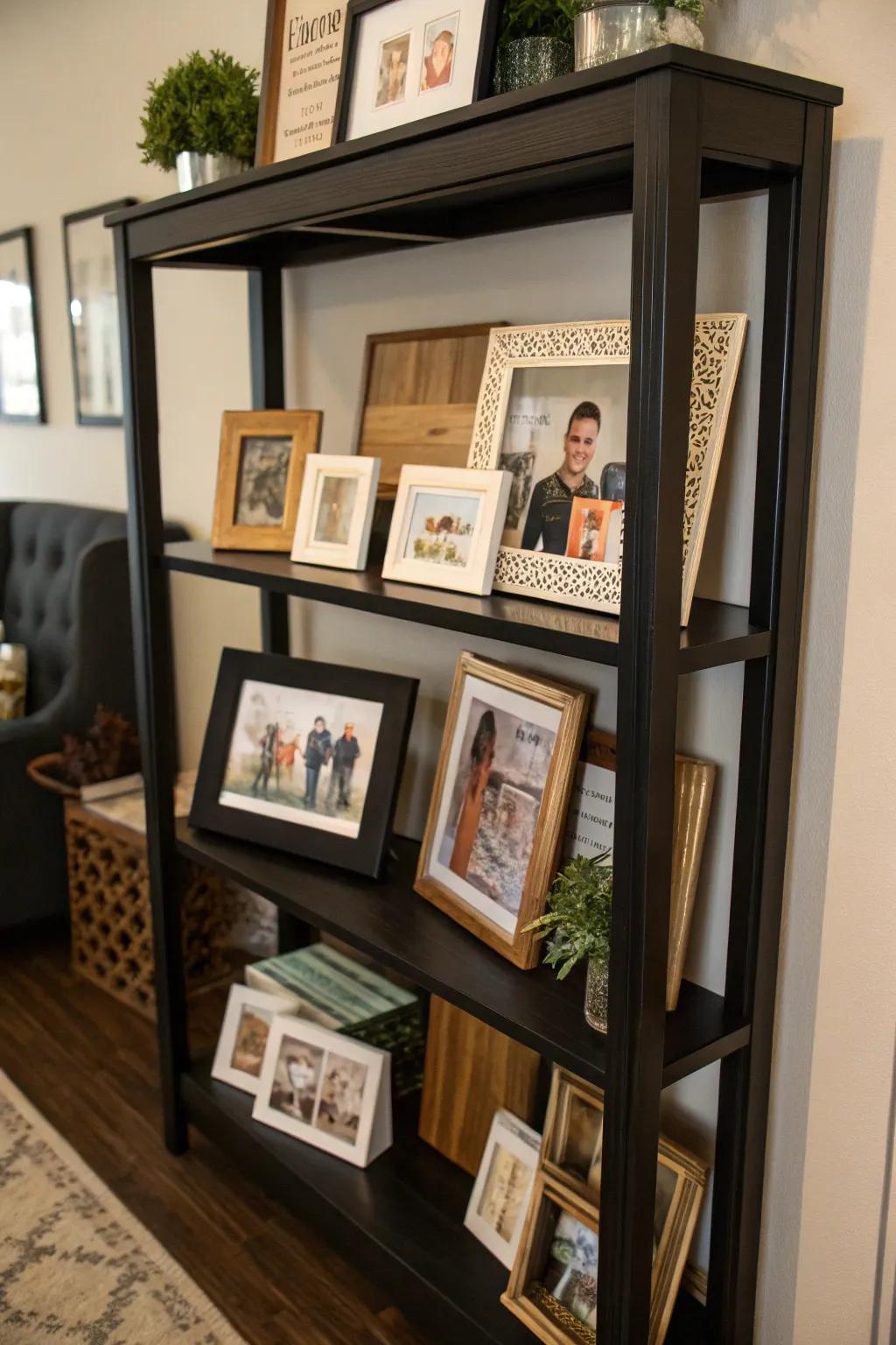 Personal artwork and images enriching a dark shelf with character.