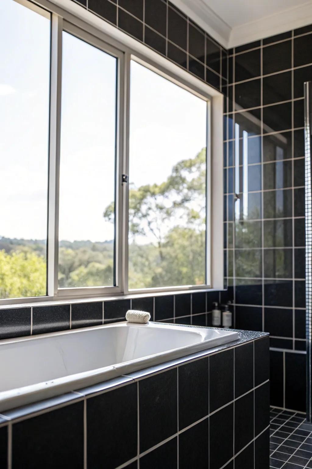 Bright light floods into the bathroom, complementing the dark boards beautifully.