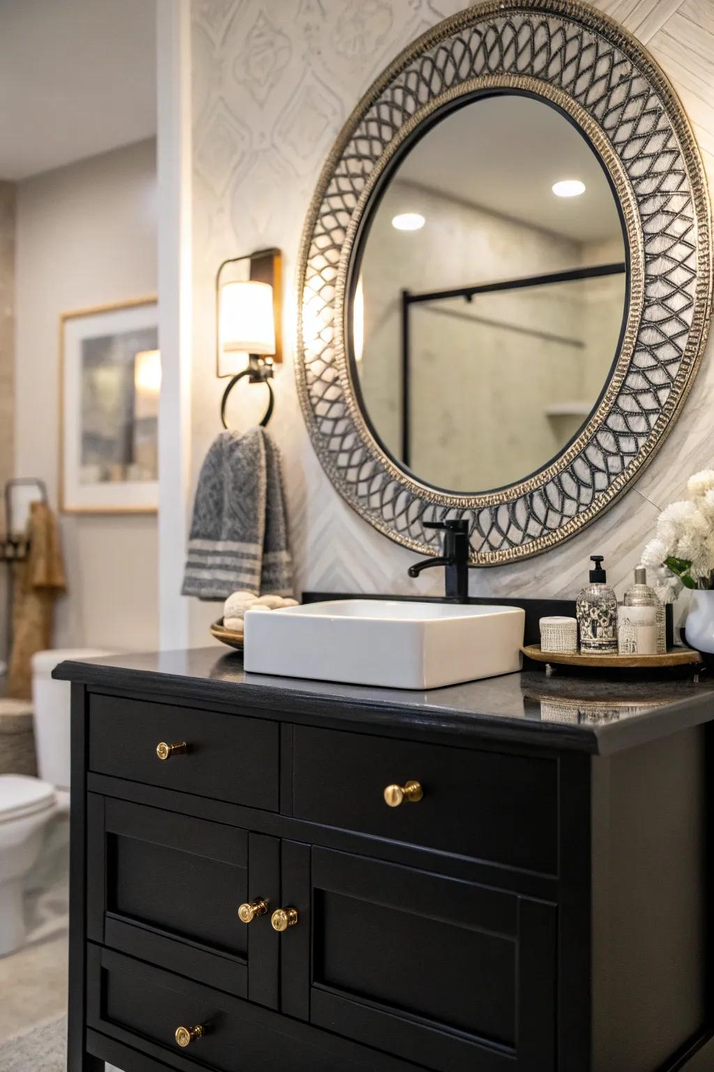 A prominent mirror above a dark sink console can transform the bathroom into an artistic space.