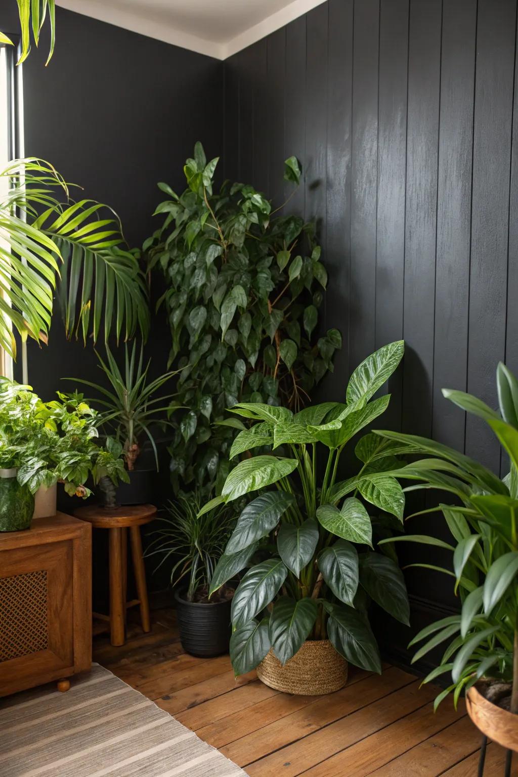 Houseplants adding color to a dark wall.
