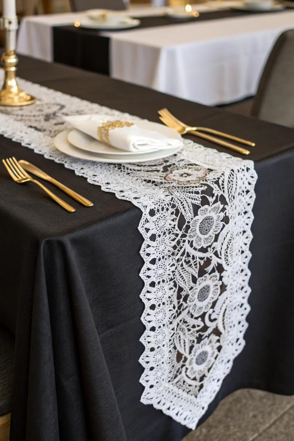 Netting over dark linens generates a magnificent layered impression.