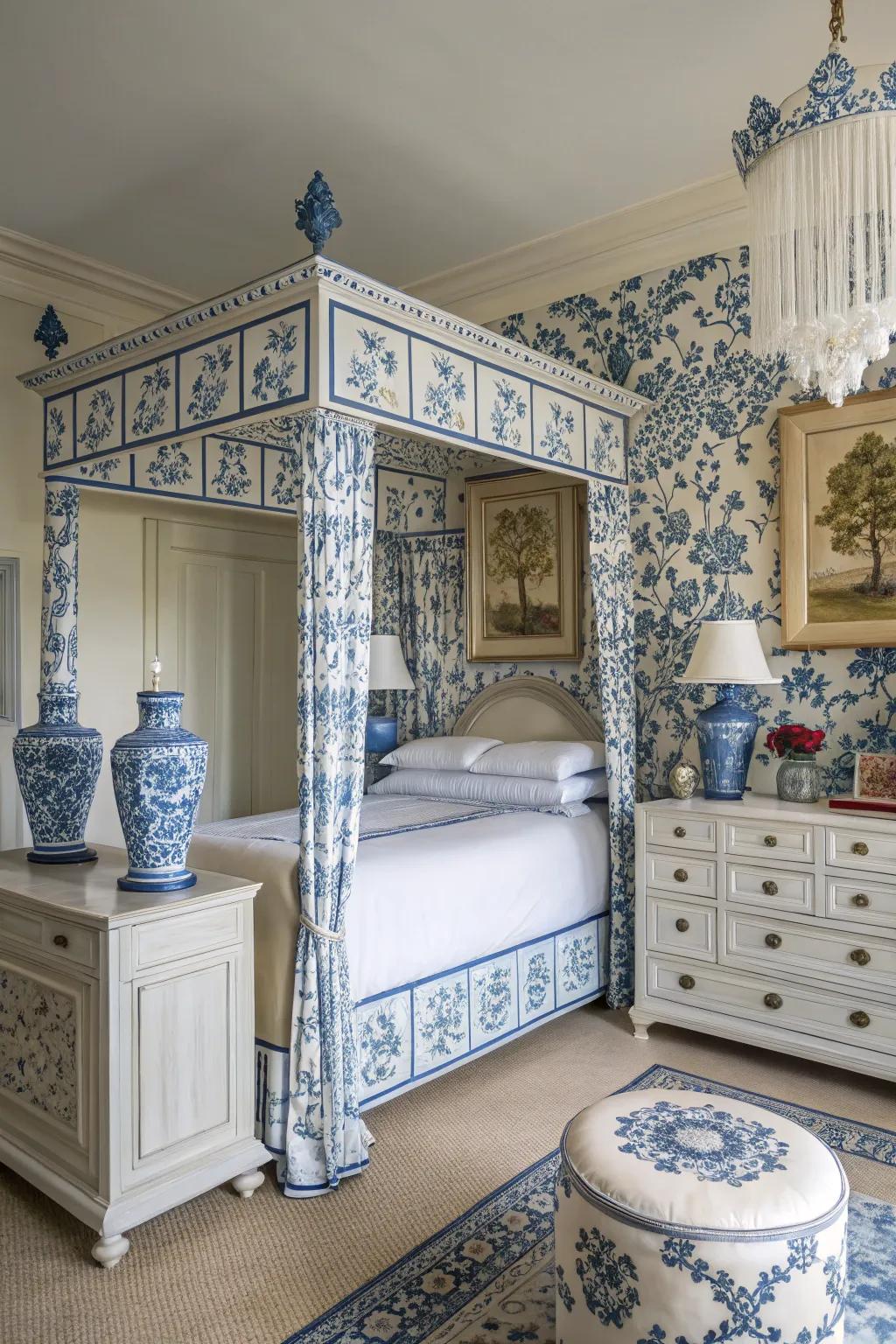 Oriental-inspired details add an elegant touch to a blue and white themed bedroom.