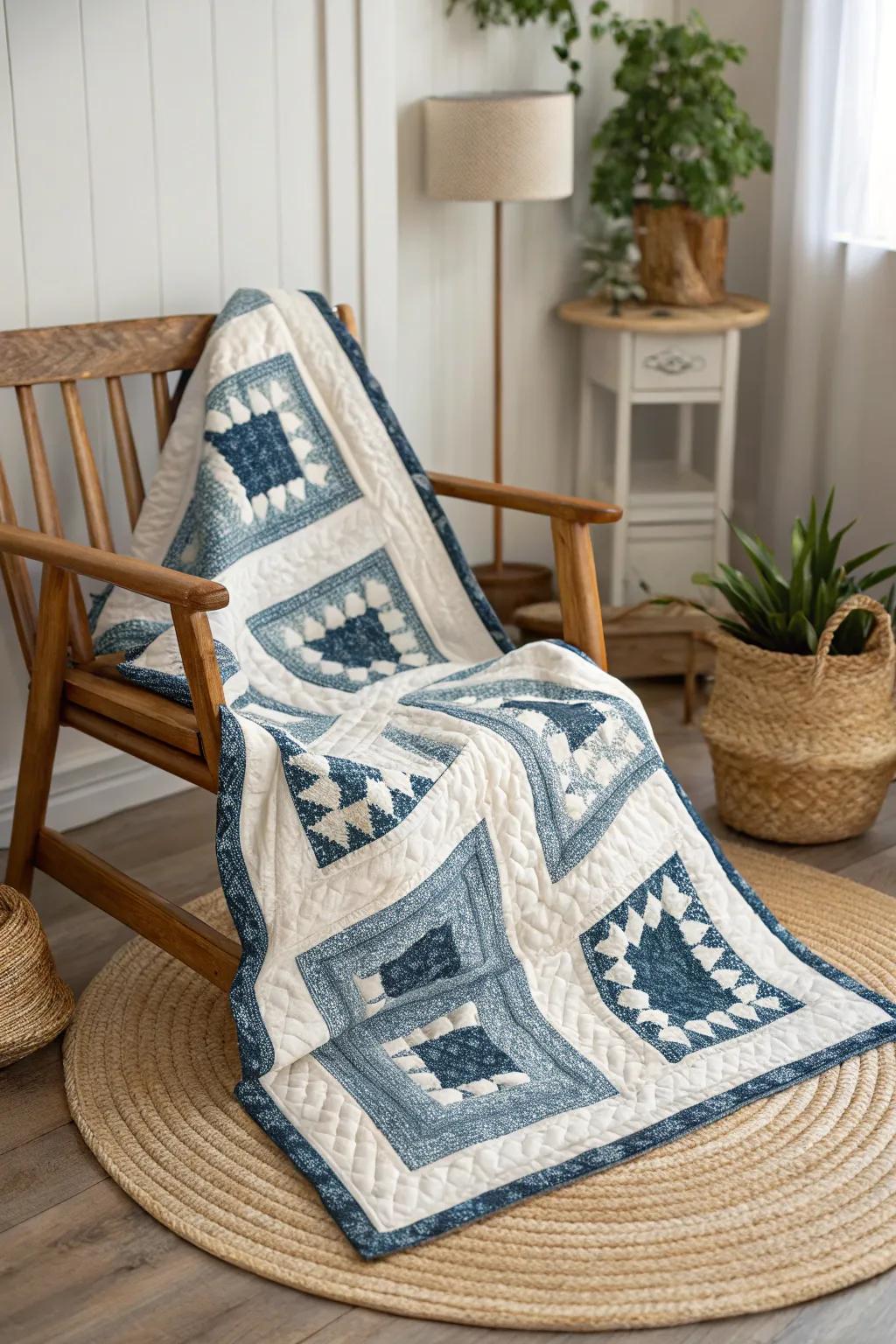 Embrace tradition with a refreshing twist: the captivating charm of a blue and white wood cabin quilt.