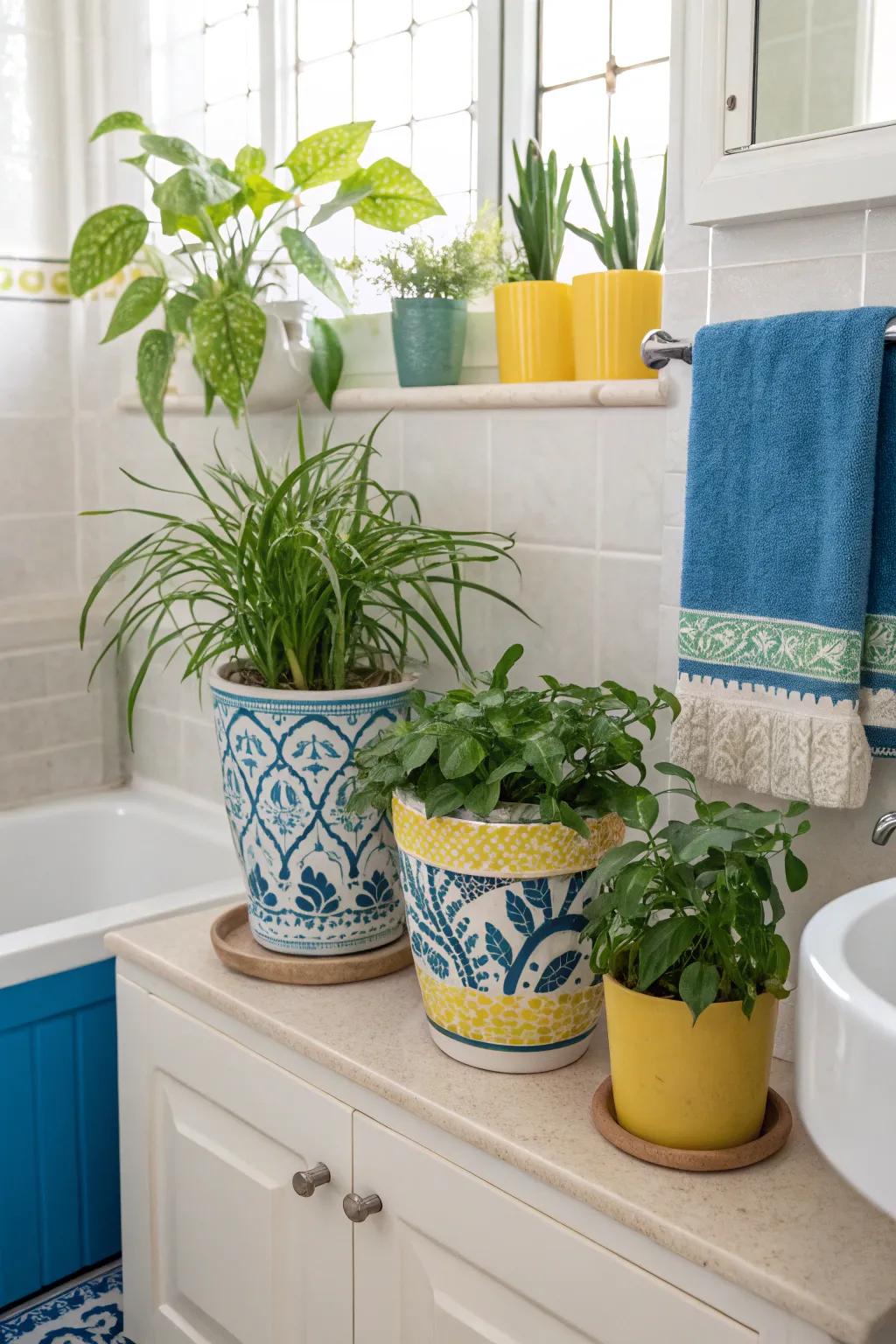 Green plants give a fresh and natural touch to a blue and yellow bathroom.