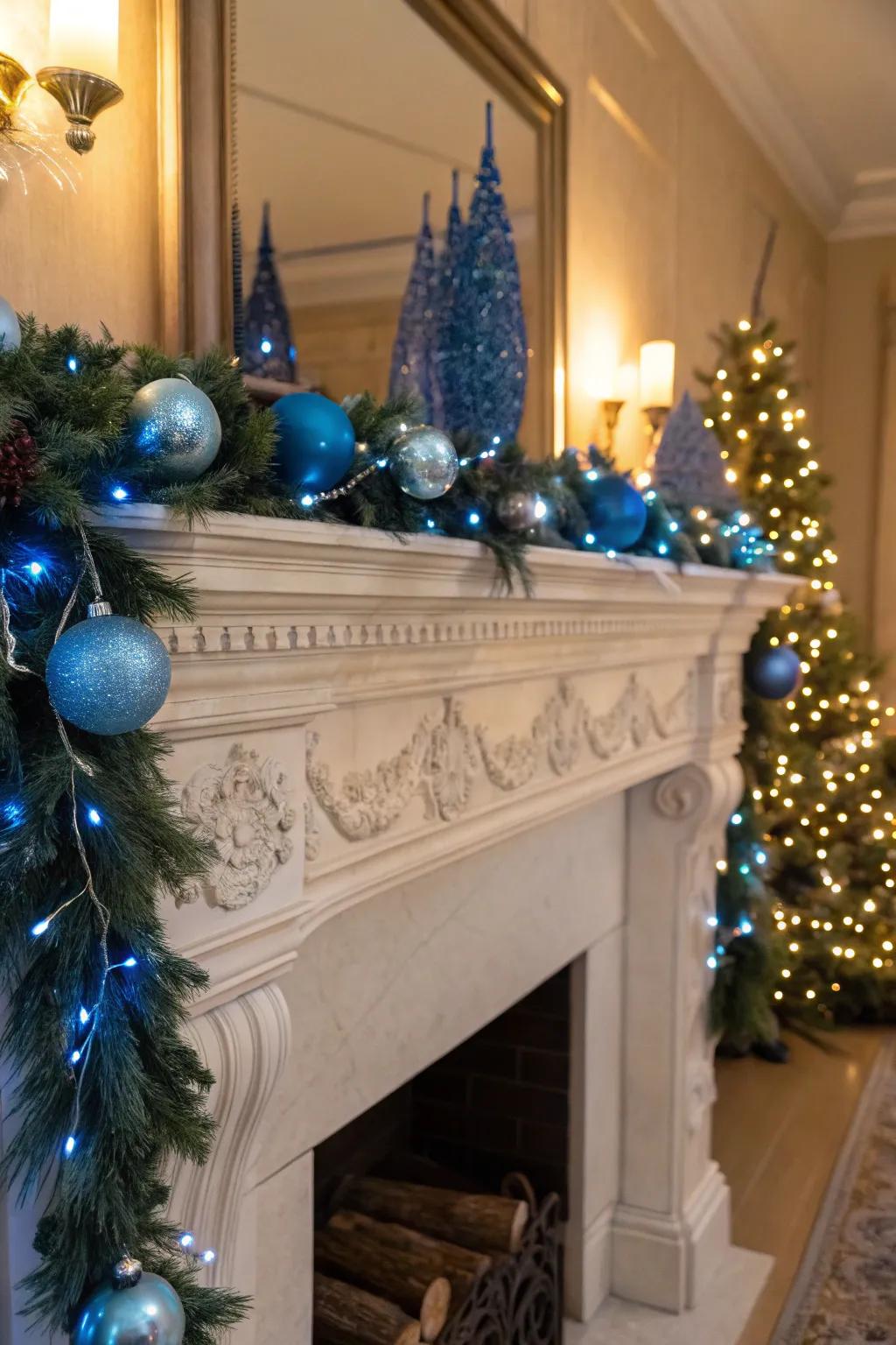 A warm mantel decorated in blue for Christmas