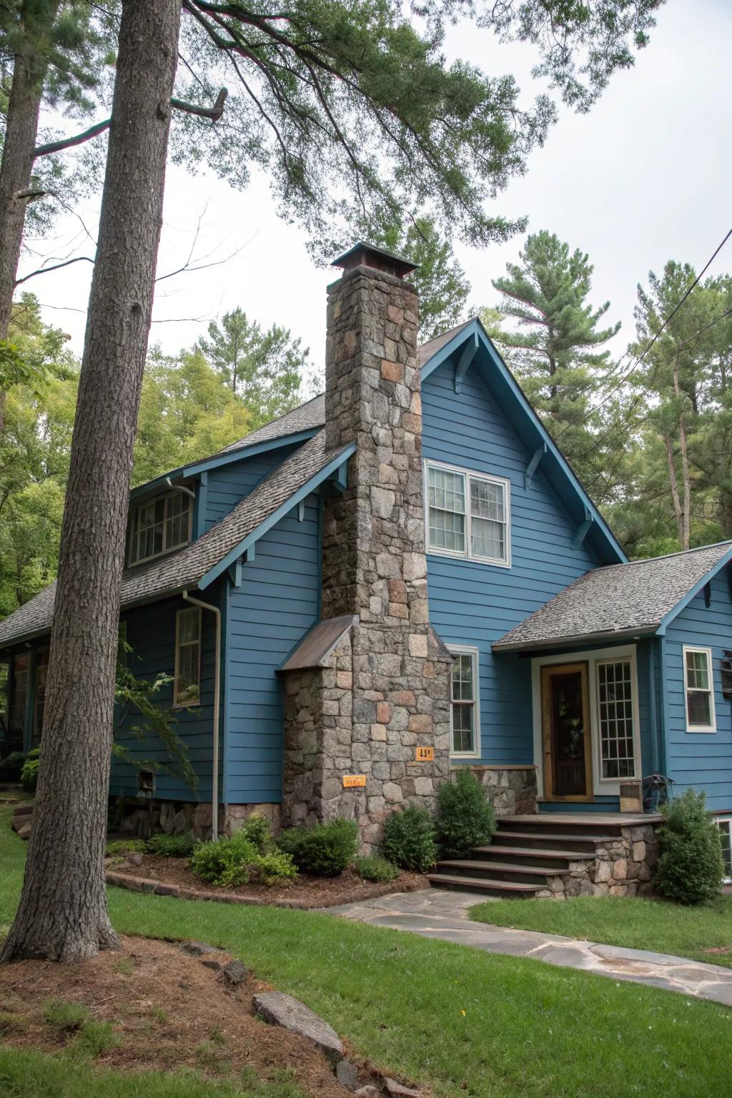 Stone accents bring texture and charm to blue houses.