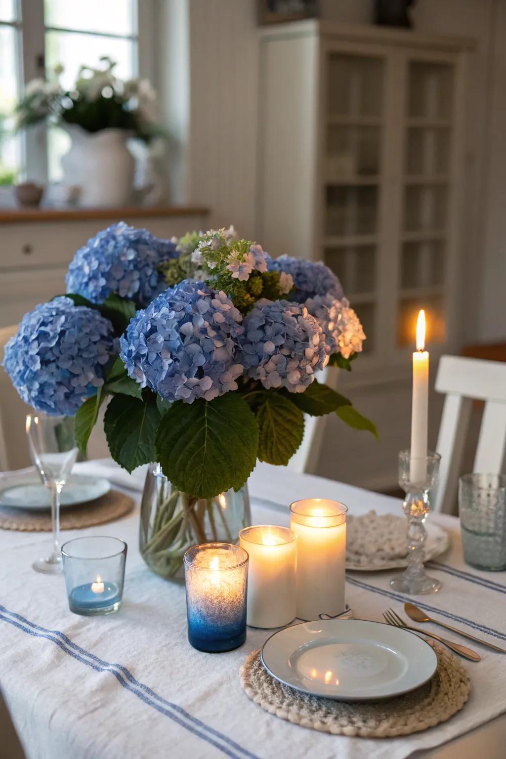Candlelight intensifies the romantic allure of azure hydrangeas.