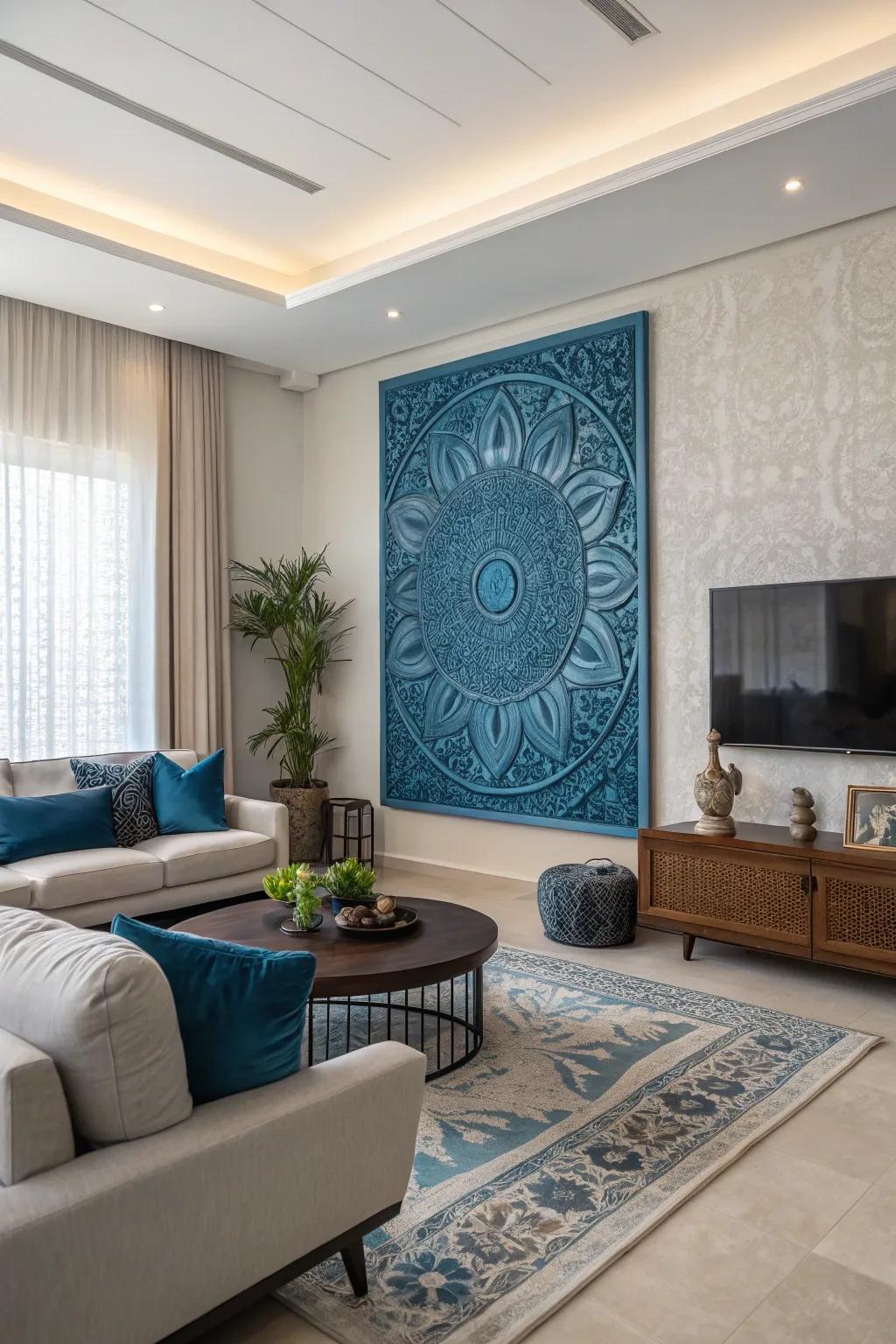 Impressive blue wall decor acts as an engaging focal point in this modern living room.