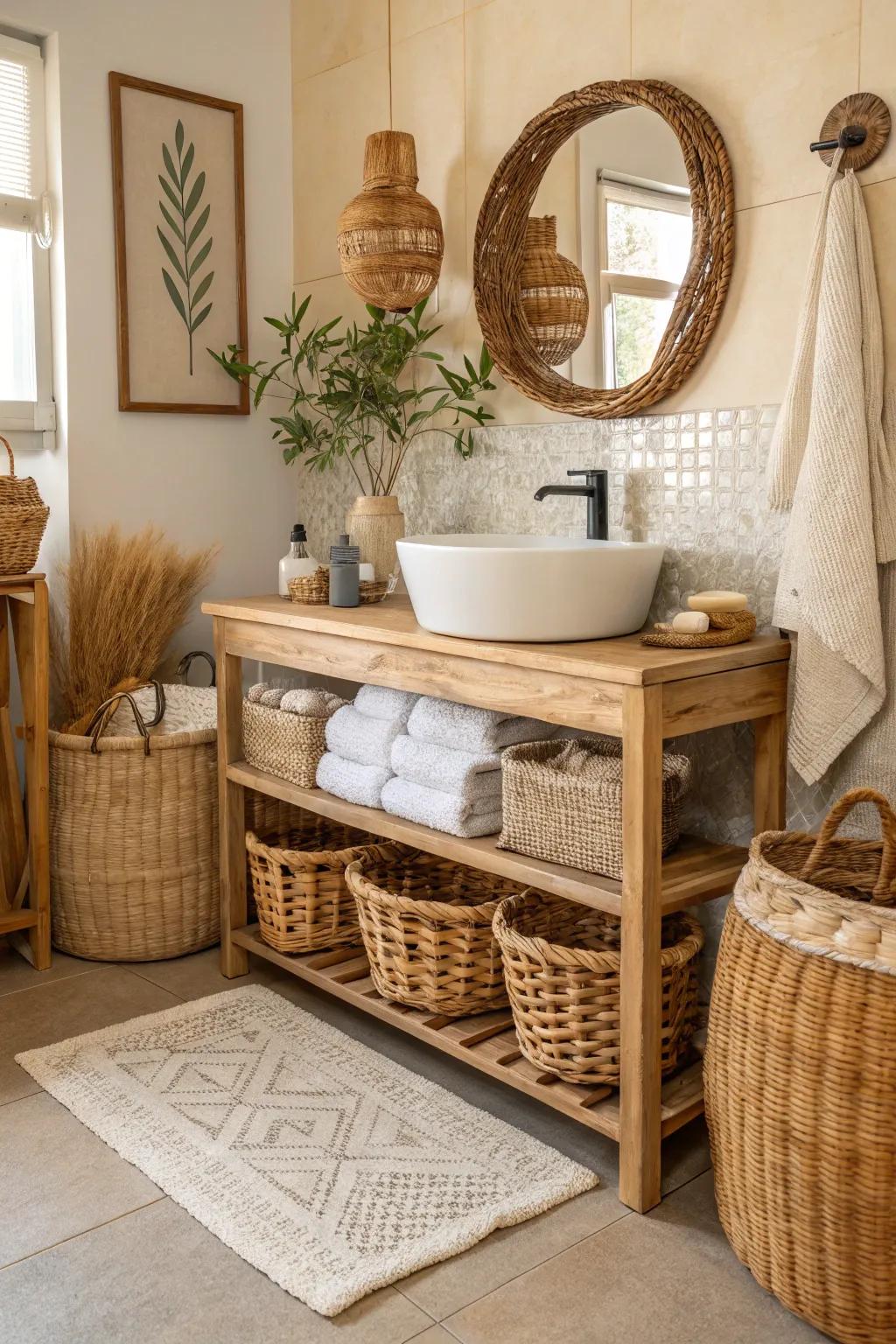 A boho bathroom highlighted by wicker and rattan features.