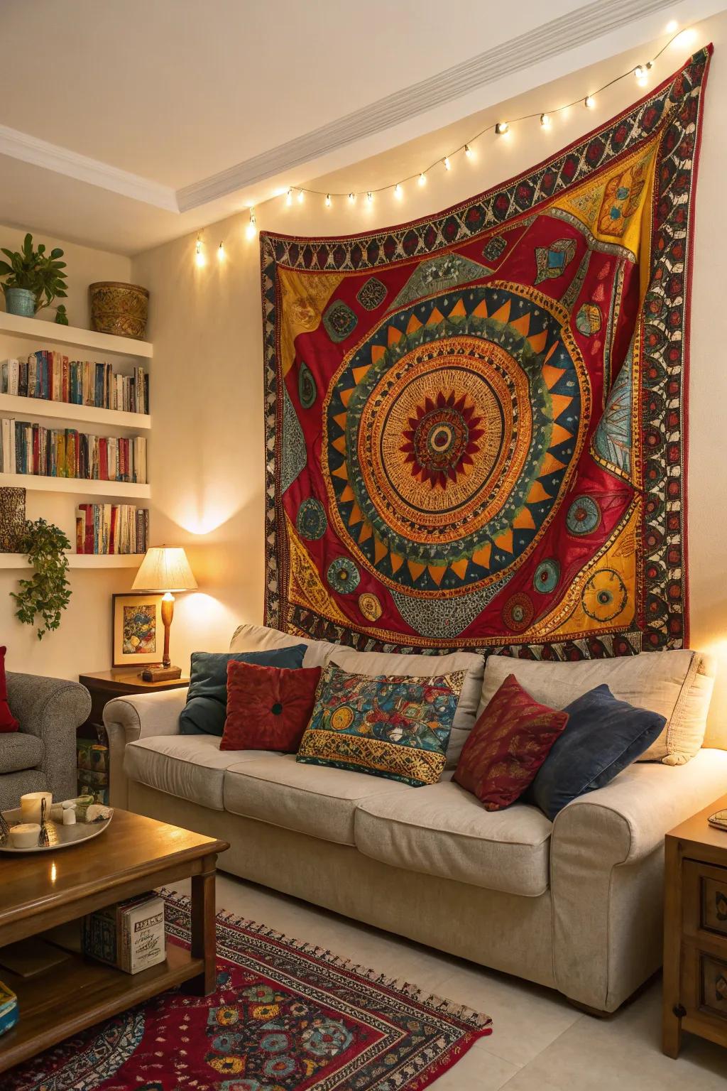 A living area featuring a vibrant hanging as a focal point.