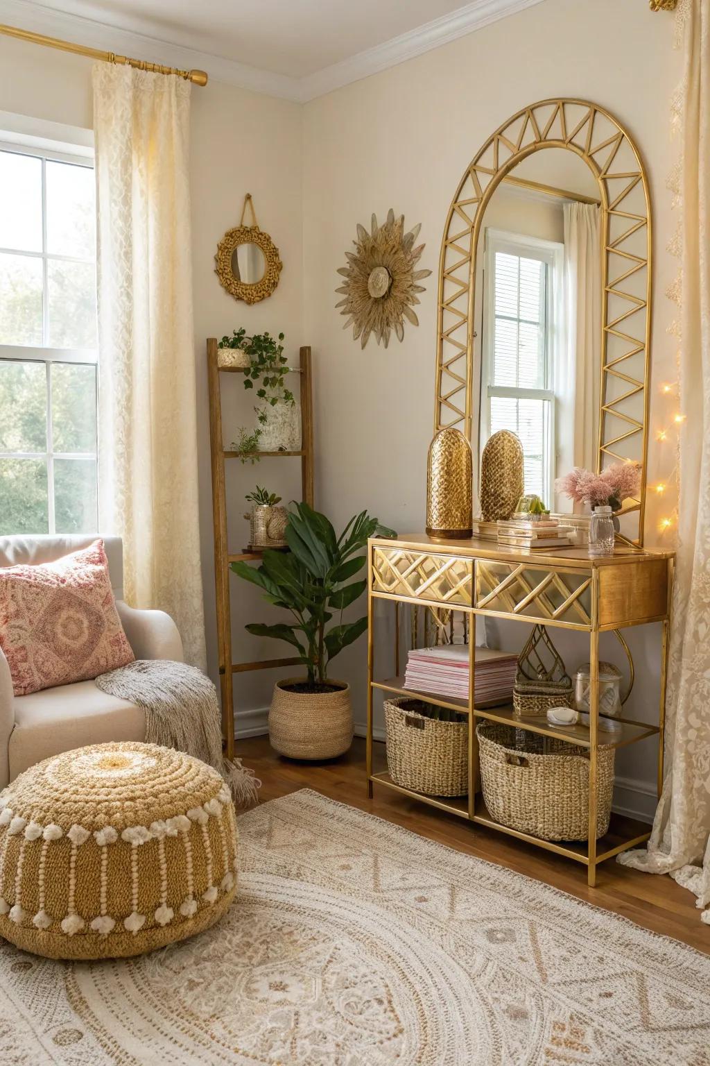 Gilded touches add a subtle shimmer that elevates the boho glam style.