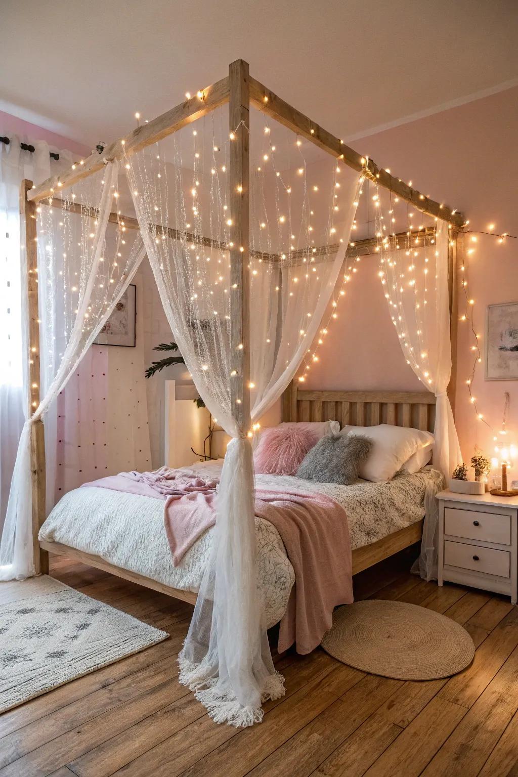 Decorative lights are draped over a canopy bed in a boho bedroom.