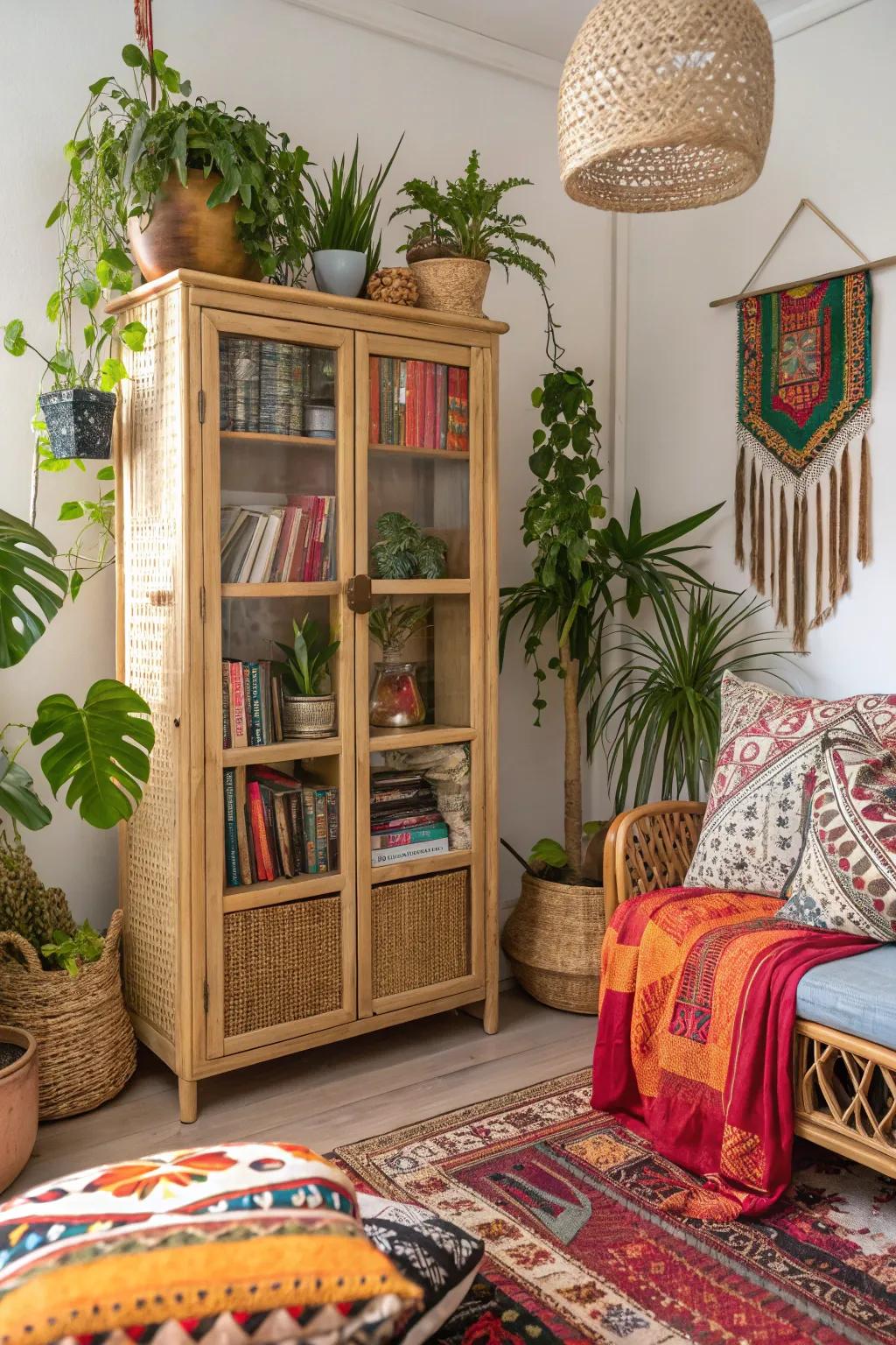 Wicker cupboards meld fashion and function effortlessly.