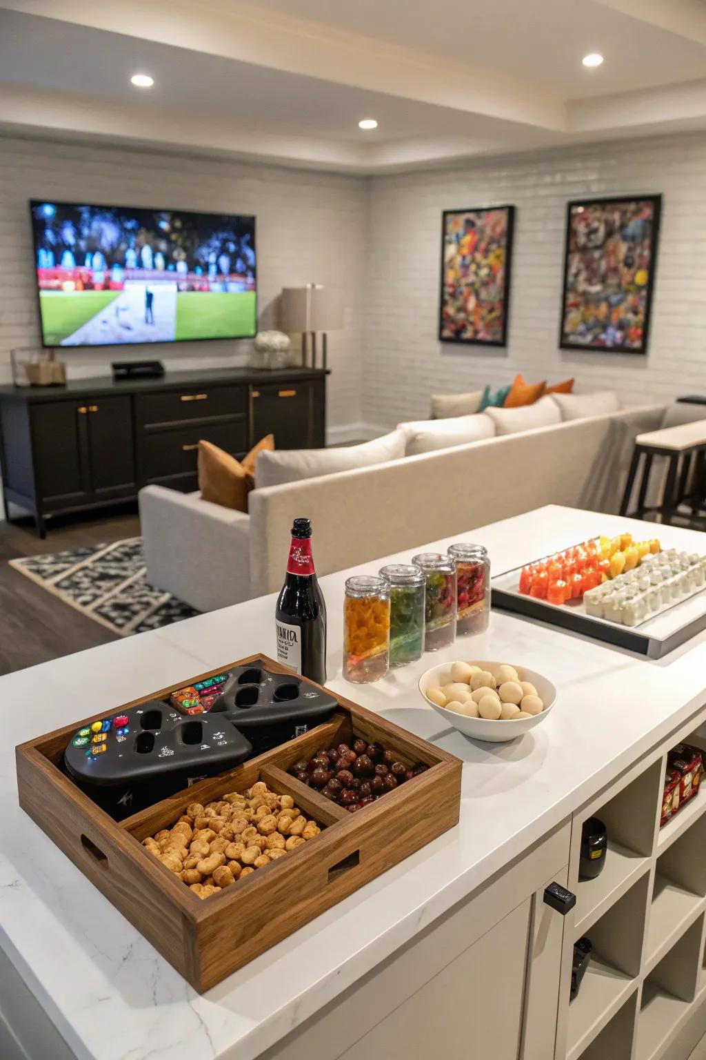 An easy nibble and drink spot improves game room events.