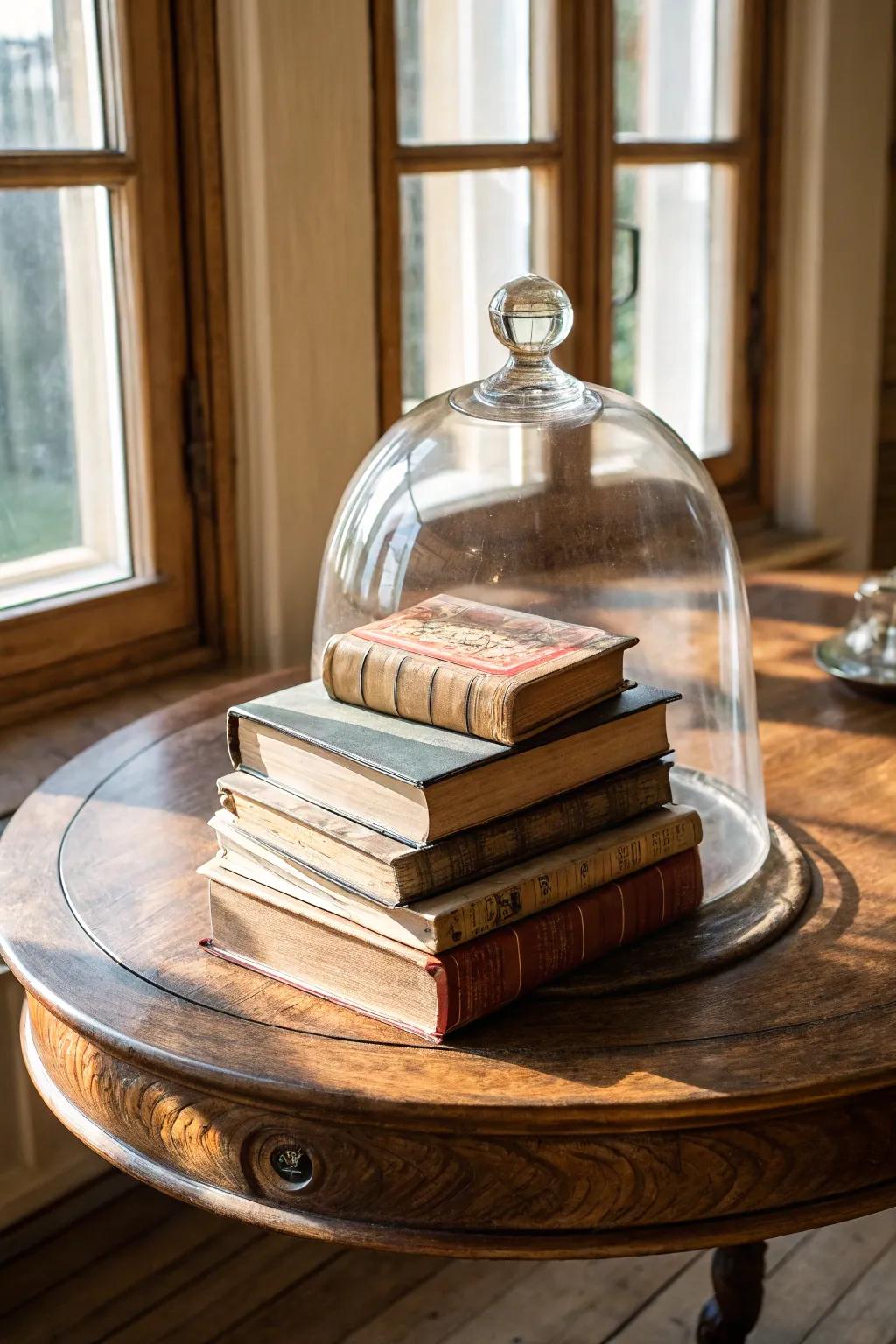 Refined sophistication: books beautifully encased in a glass dome.