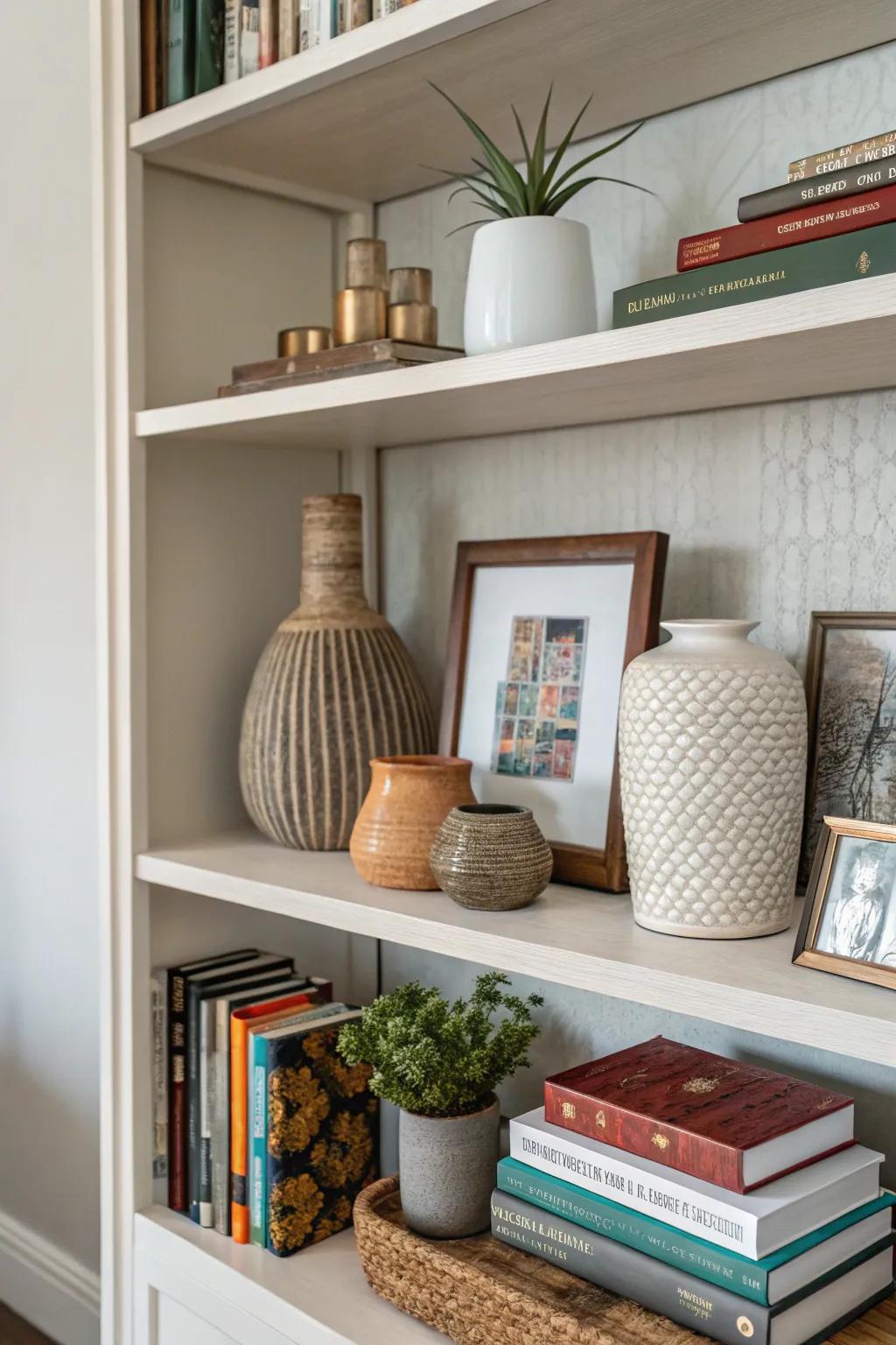 Layered decor aspects produce dimension and aesthetic appeal on a bookshelf.