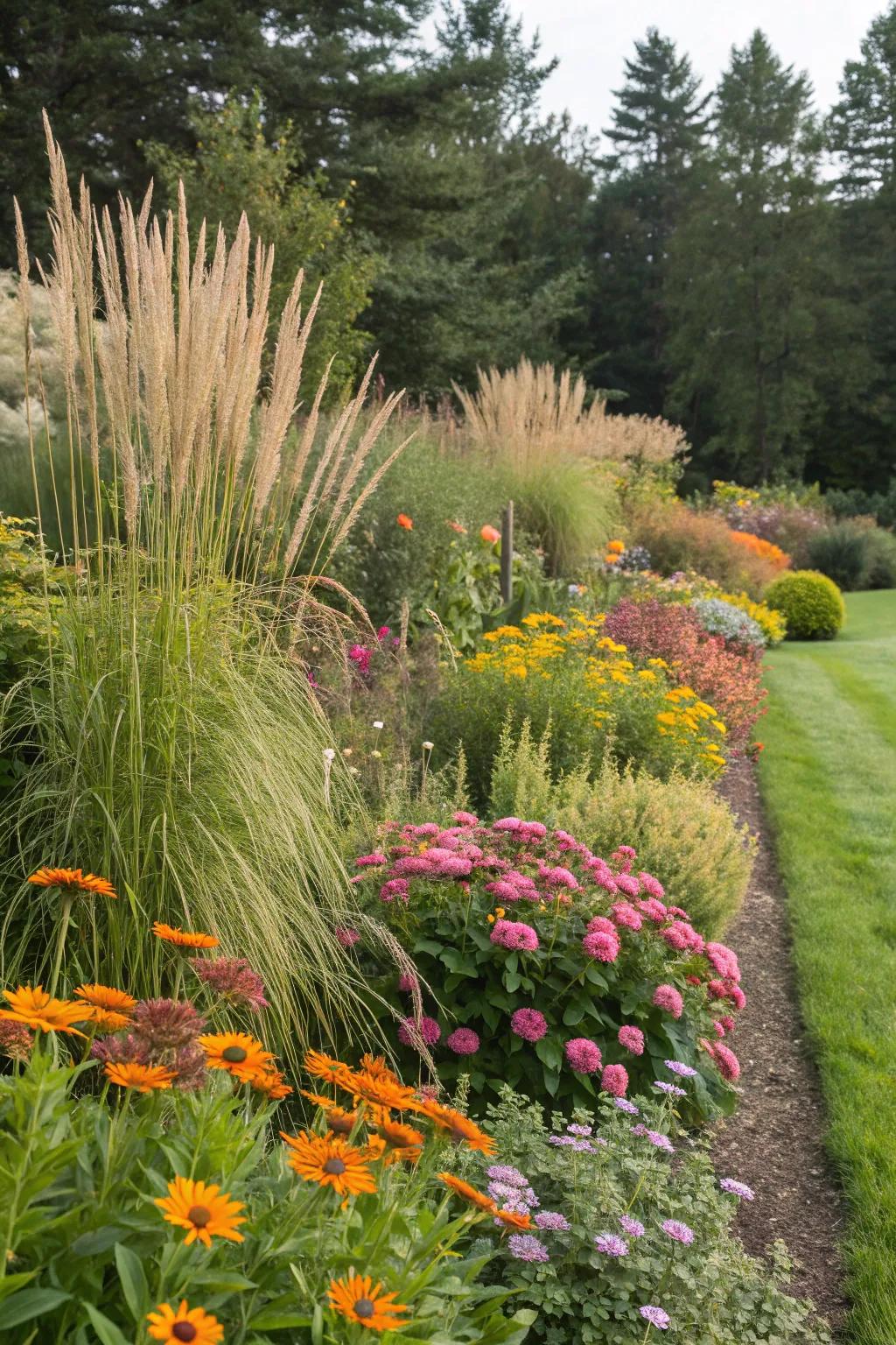 Decorative grasses paired with colorful long-lasting plants for dynamic interest.