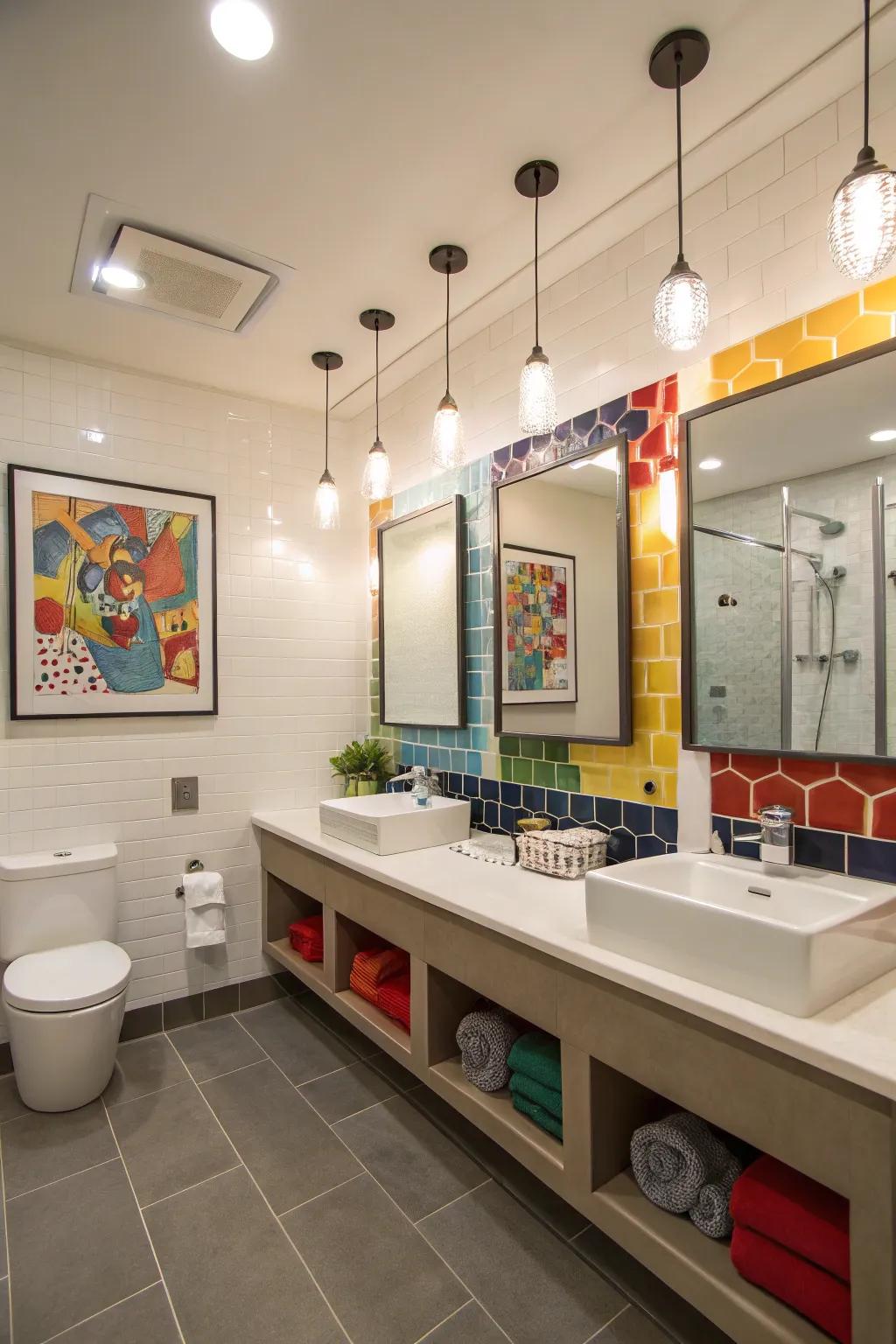 Modernized luminaires introduce a contemporary element to a boys' bathroom.
