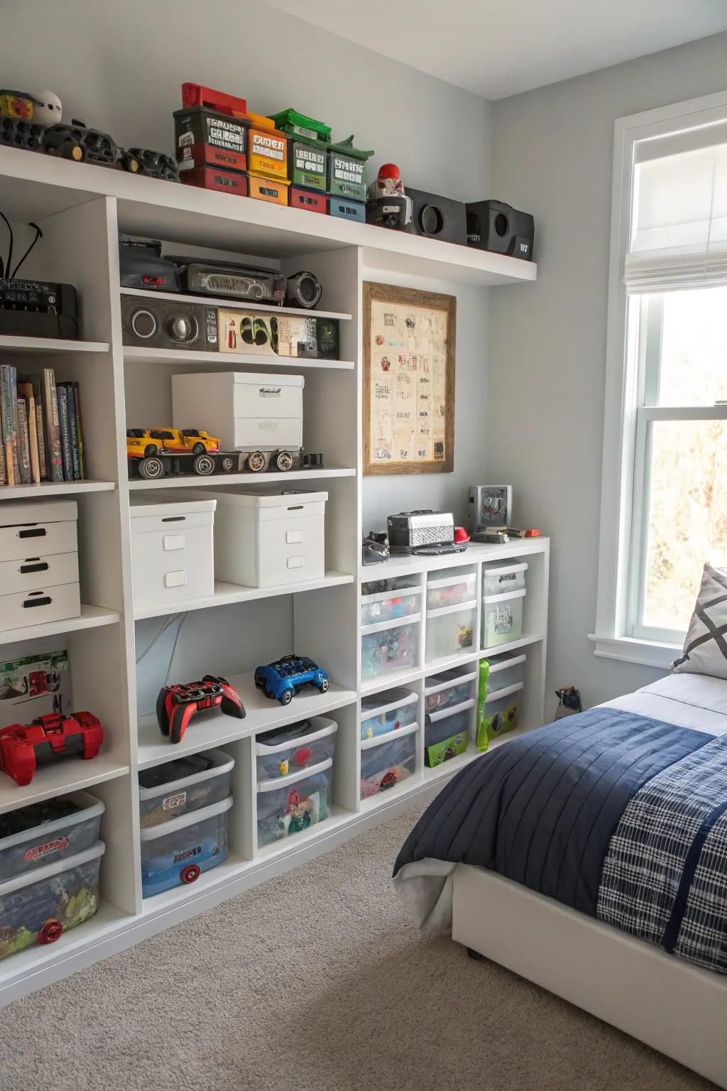 Systematically arranged shelves keep gaming accessories organized.