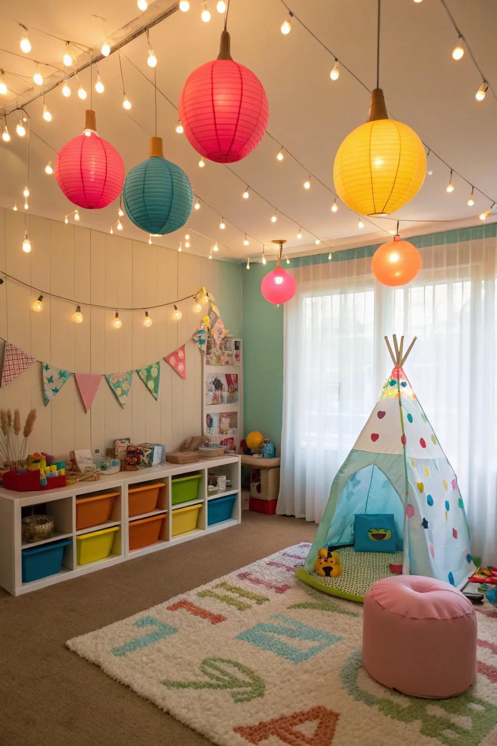 Unique lighting that adds a magical touch to the playroom.