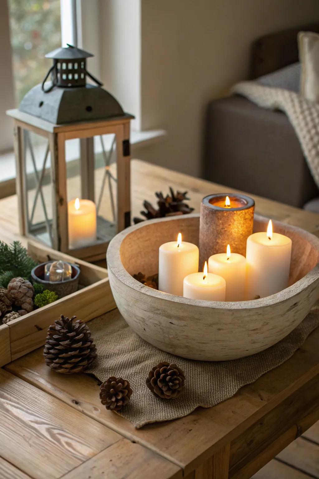 Forge a snug ambiance with lights and lanterns