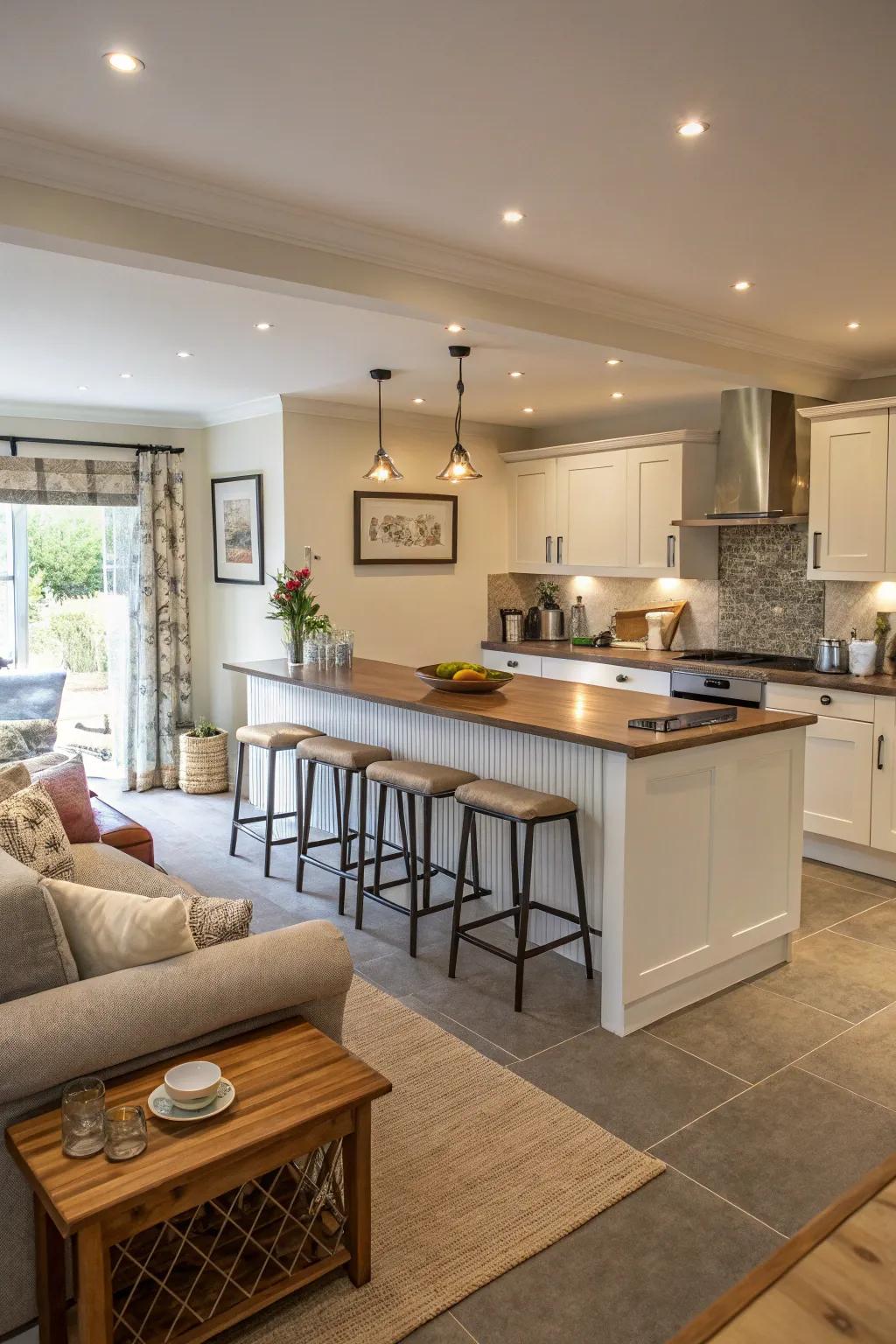 An open-concept kitchen featuring a breakfast bar that encourages social interaction.