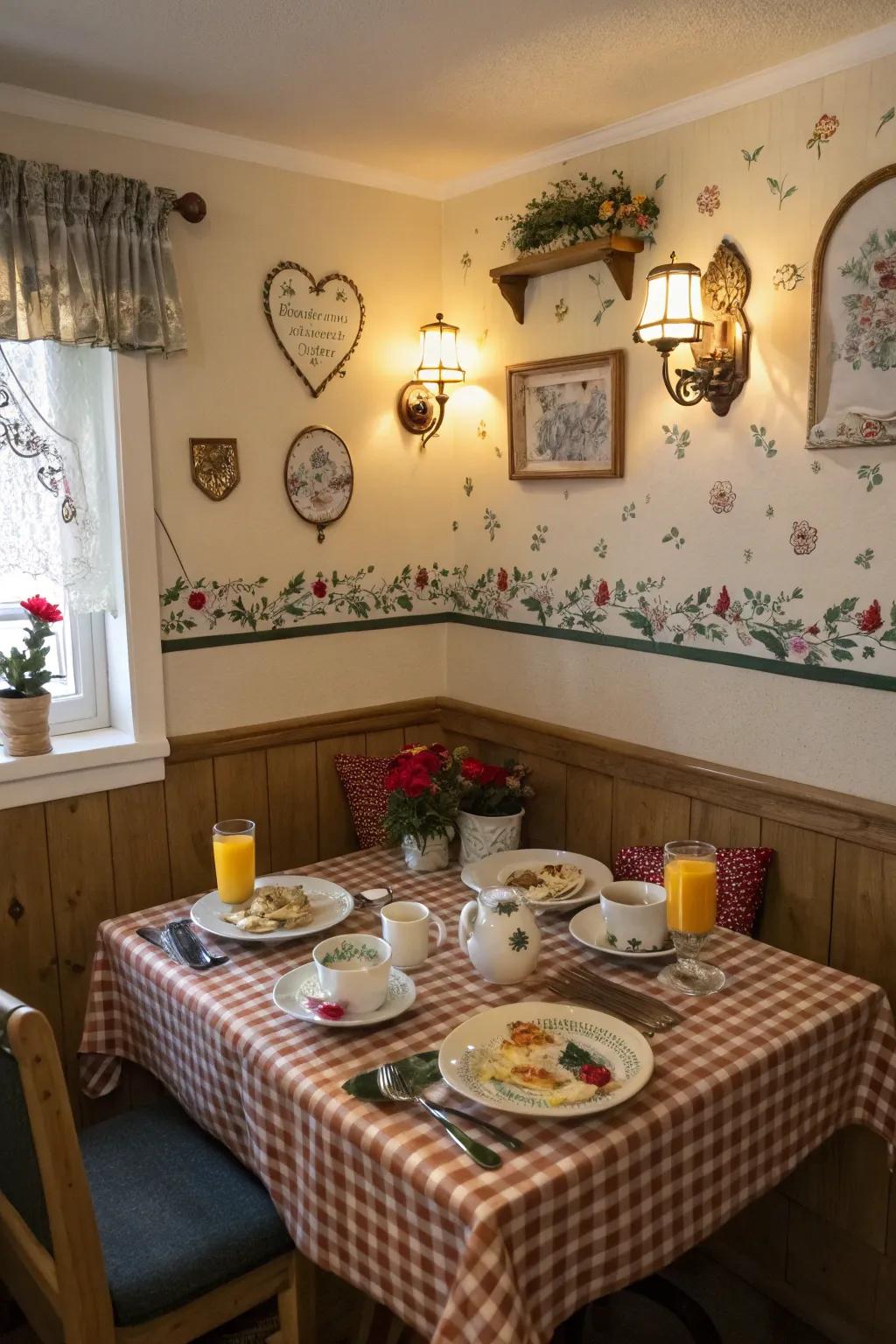Ornamental partition luminaires improving a breakfast nook.