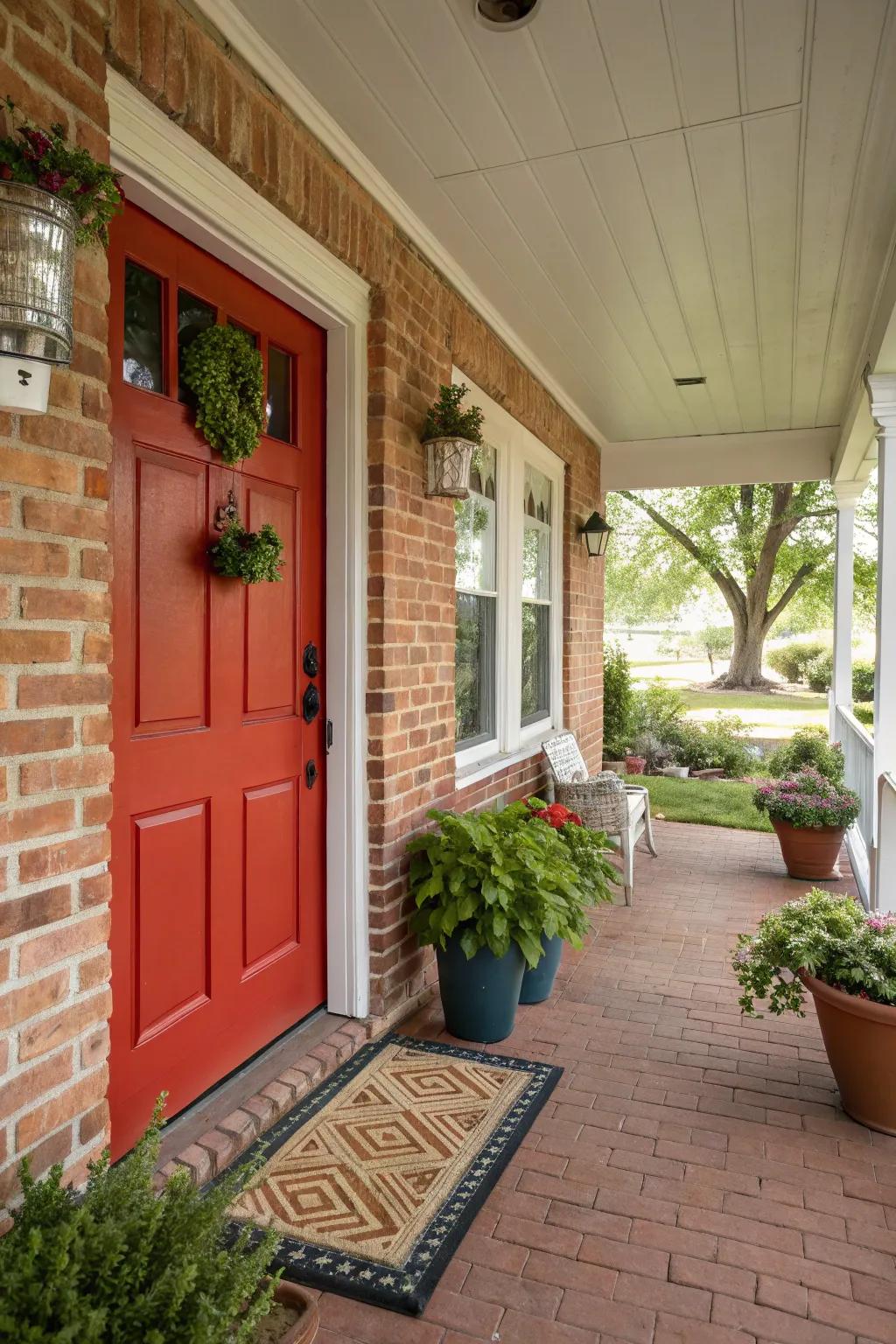 A bold red door adds a cheerful element to this brick porch.