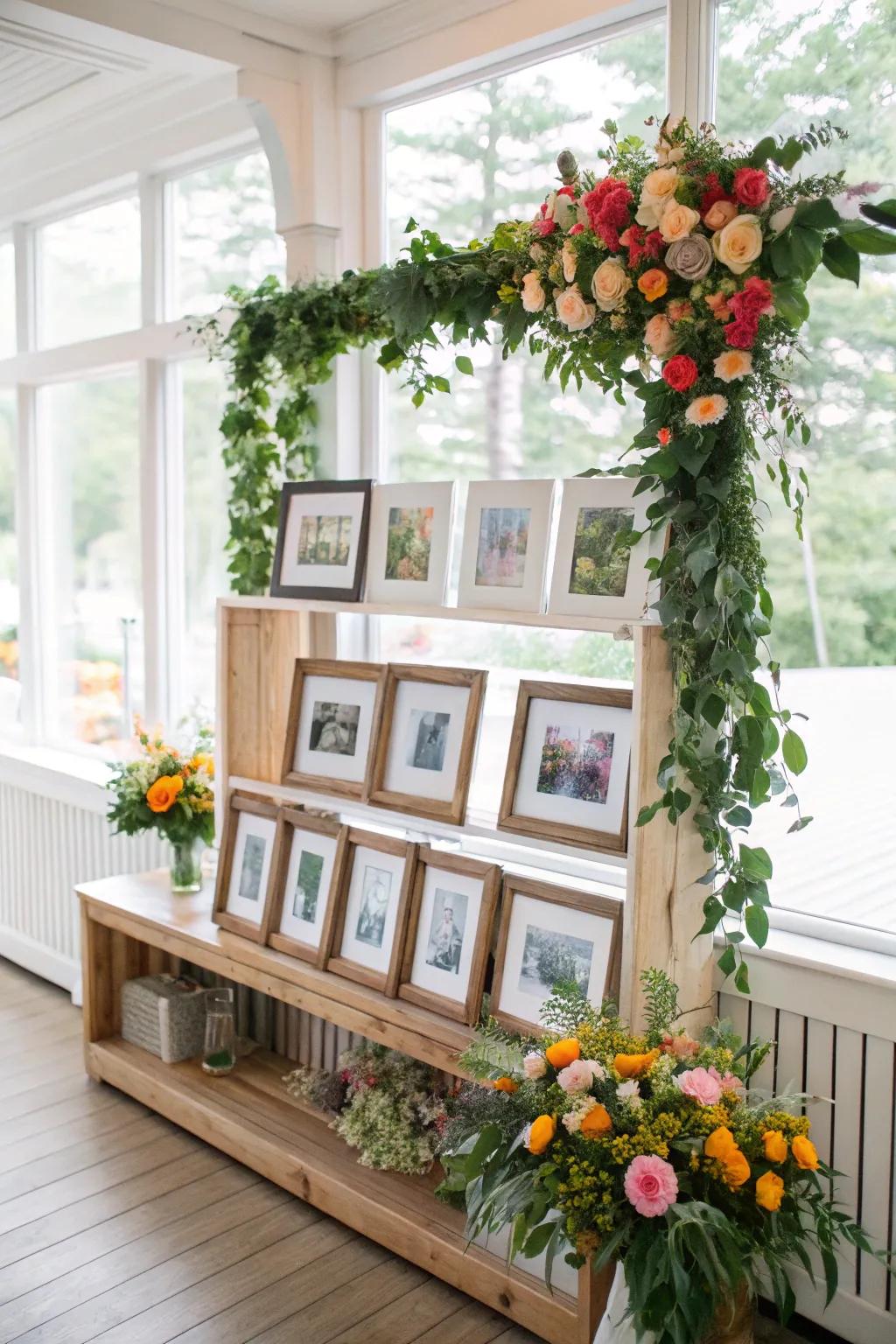 Image display enriched with floral and foliage embellishments.