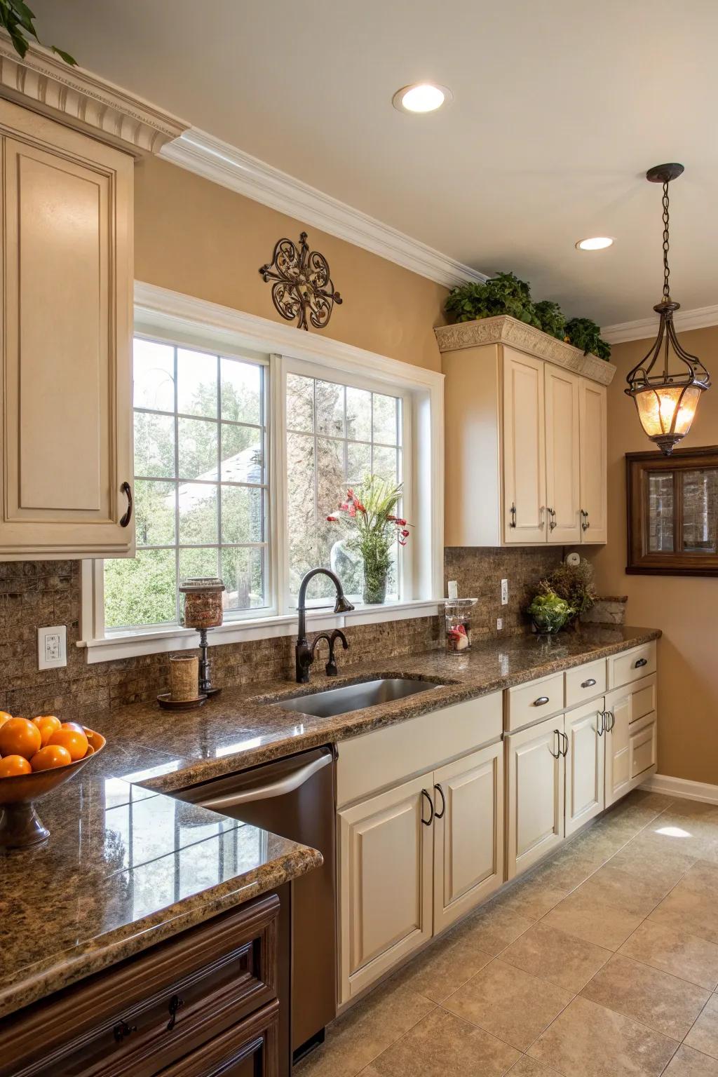 Ecru walls offer a timeless balance with brunette stone.