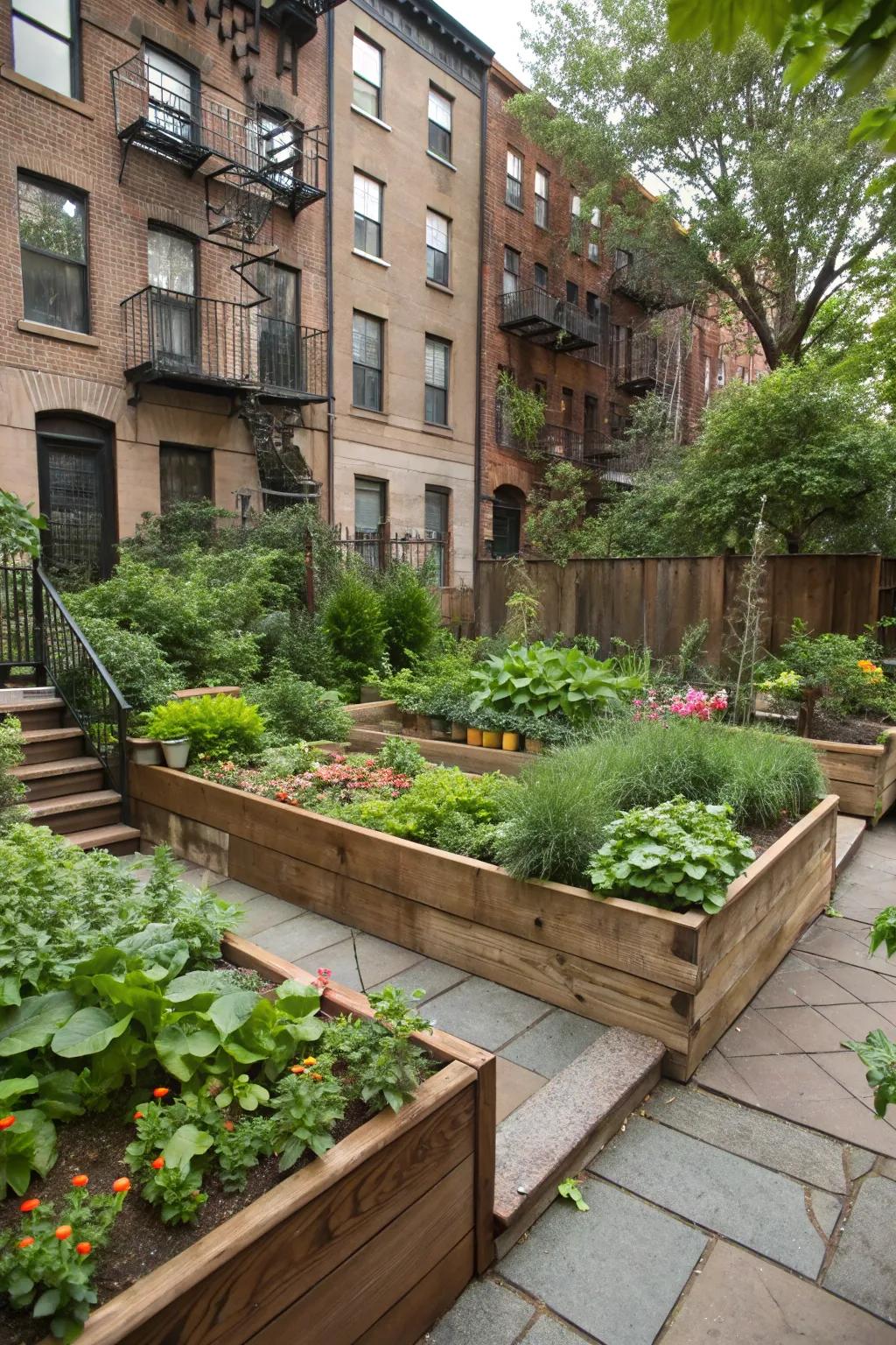 Multi-tiered landscaping elevates the appearance of this lively backyard.