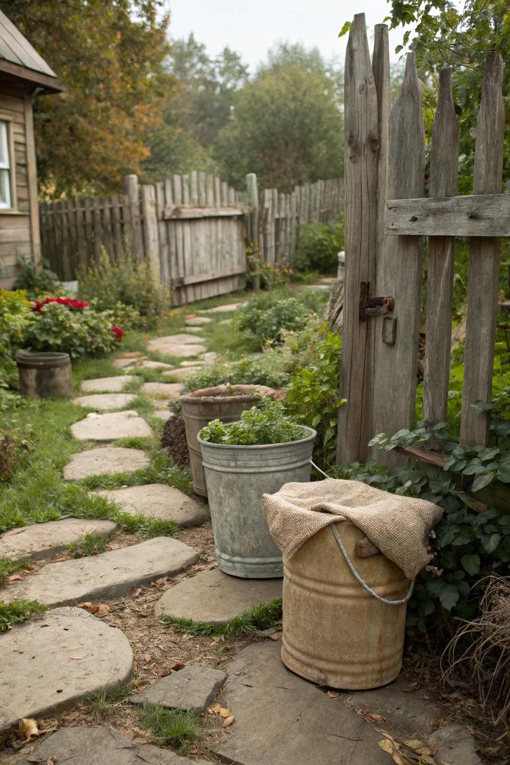 Containers fitted using burlap textiles, establishing a rustic sensation in the green space.