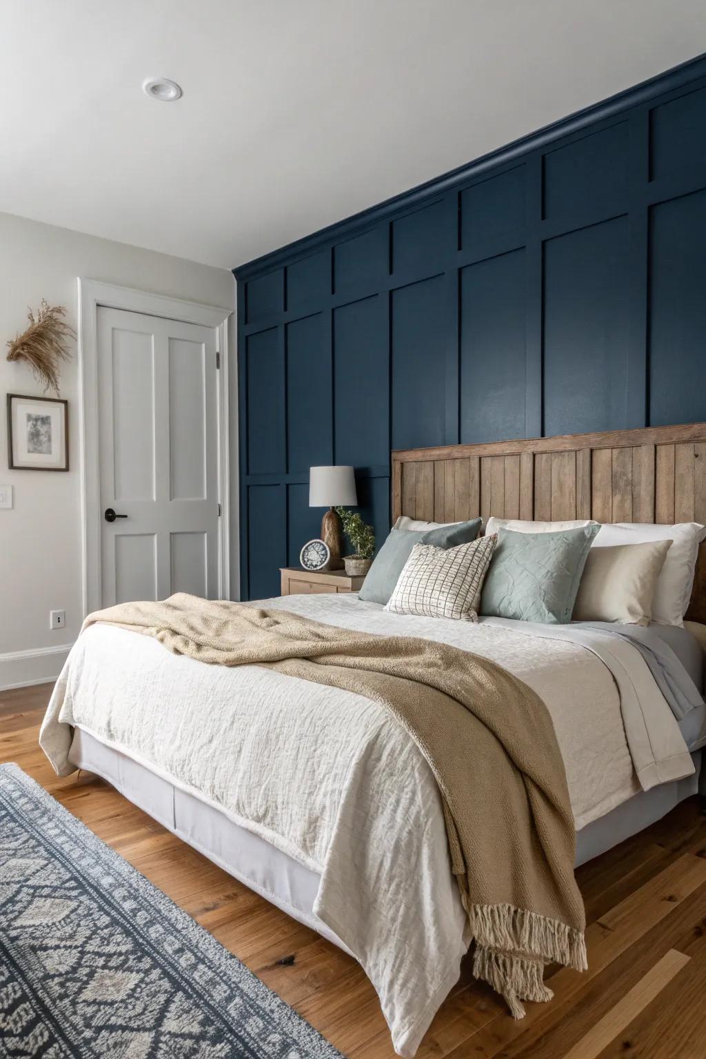 An emphasized wall adds a splash of color and intrigue to a simple bedroom.
