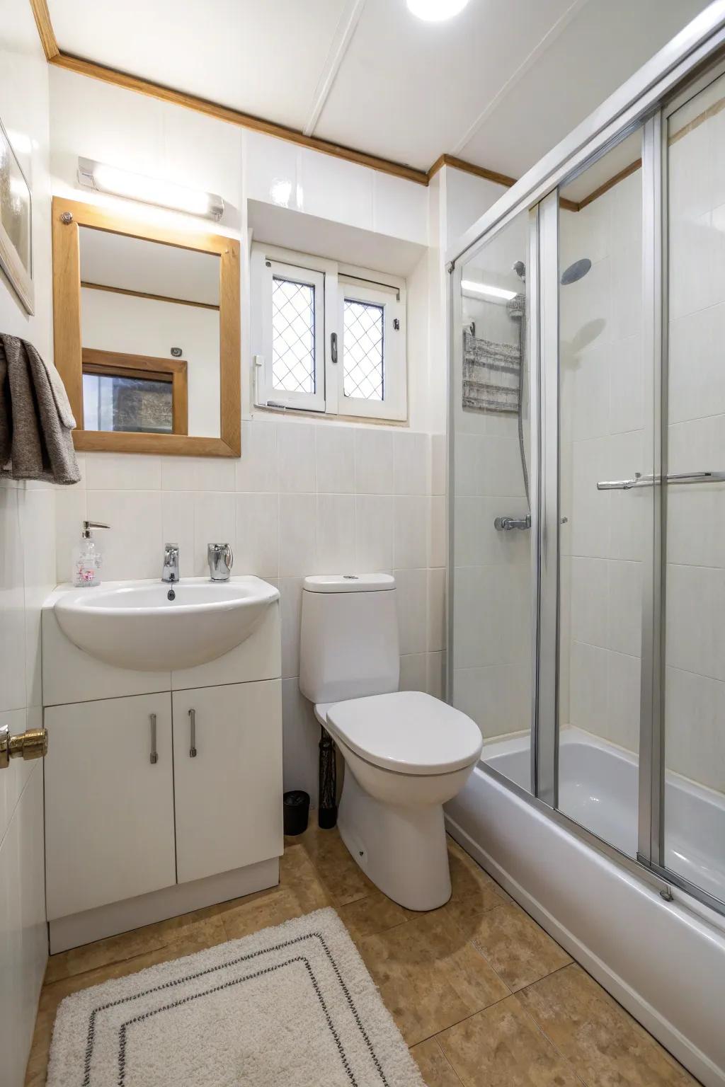 With its minimalist design, this compact bathroom maintains an uncluttered appearance.