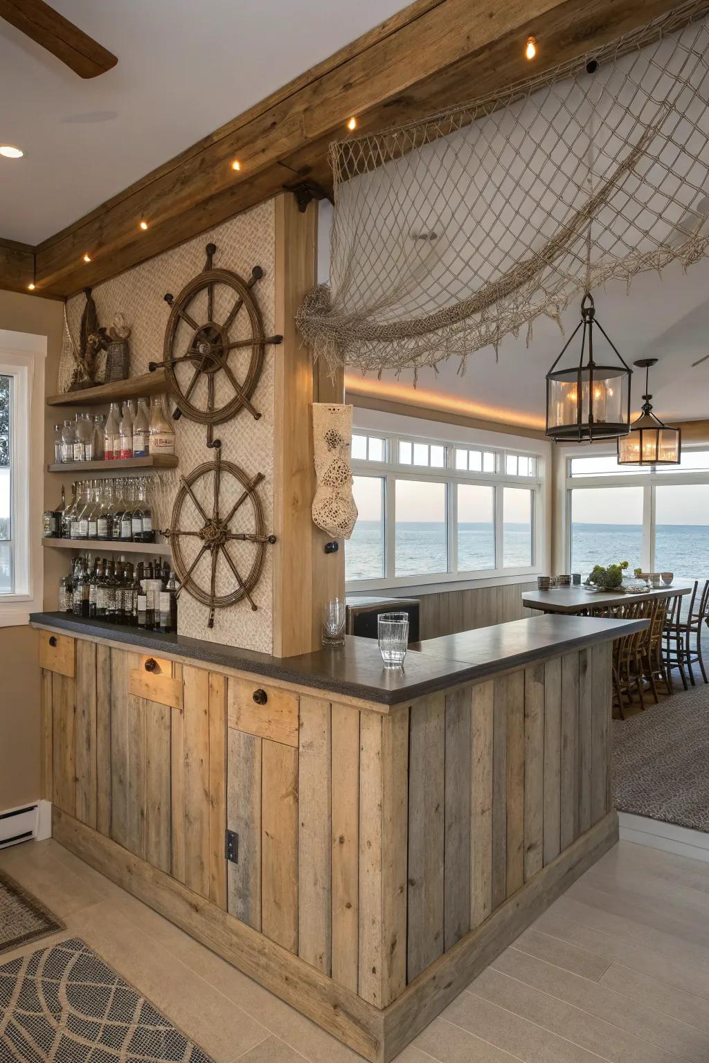 A nautical-themed bar enhances the home's overall decor.