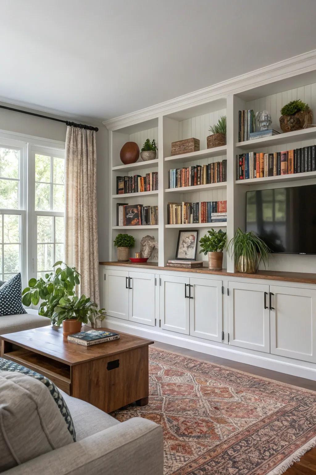 A mix of open and closed storage provides both aesthetic appeal and practicality.