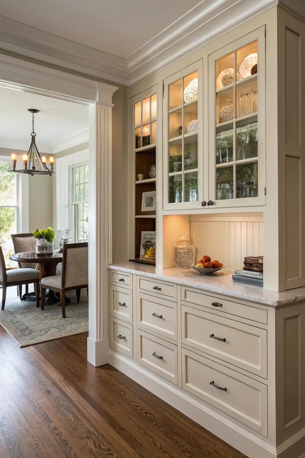 Built-in cabinets in an alcove, efficiently using corner space.