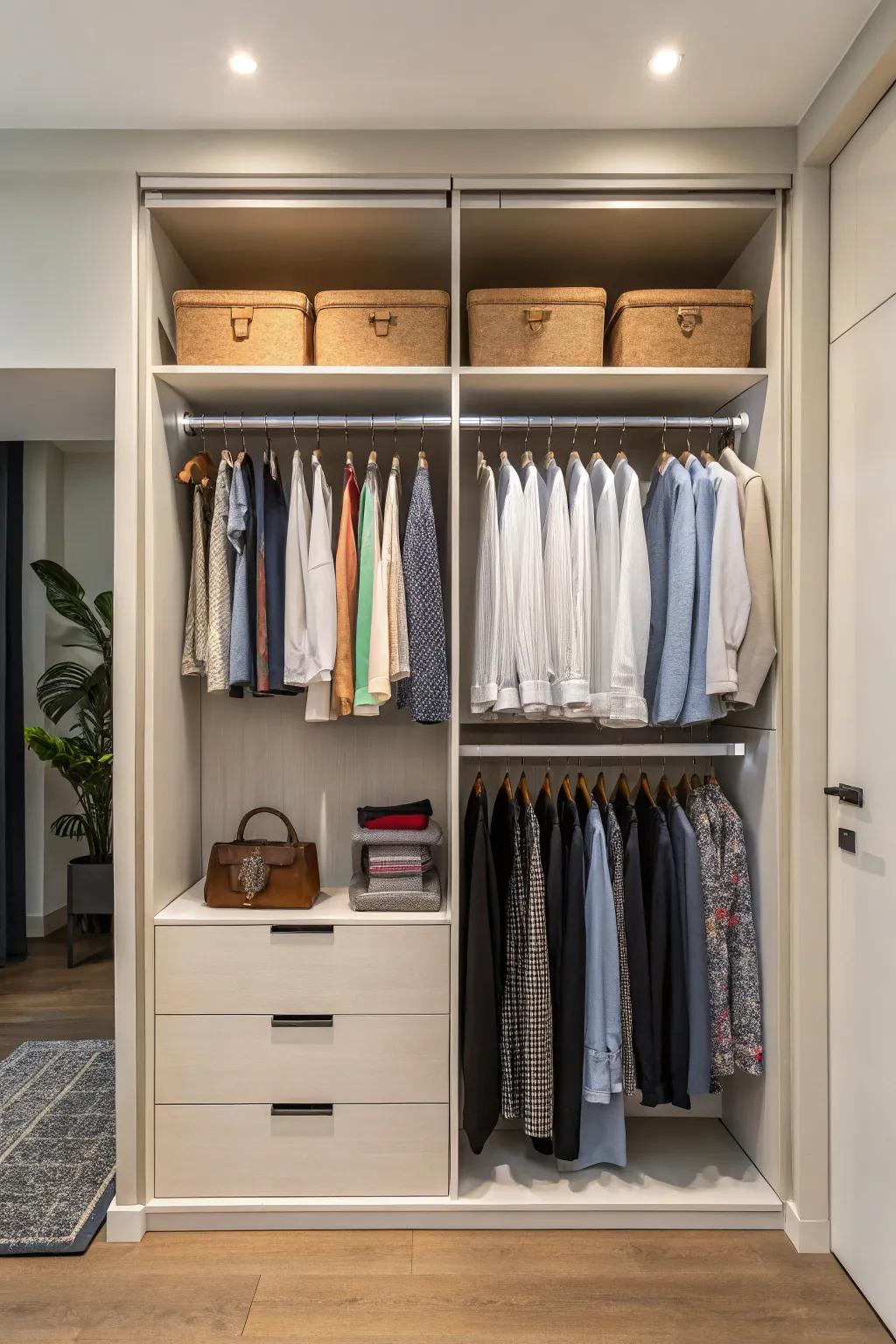 Stacked hanging bars maximize vertical storage in wardrobes.
