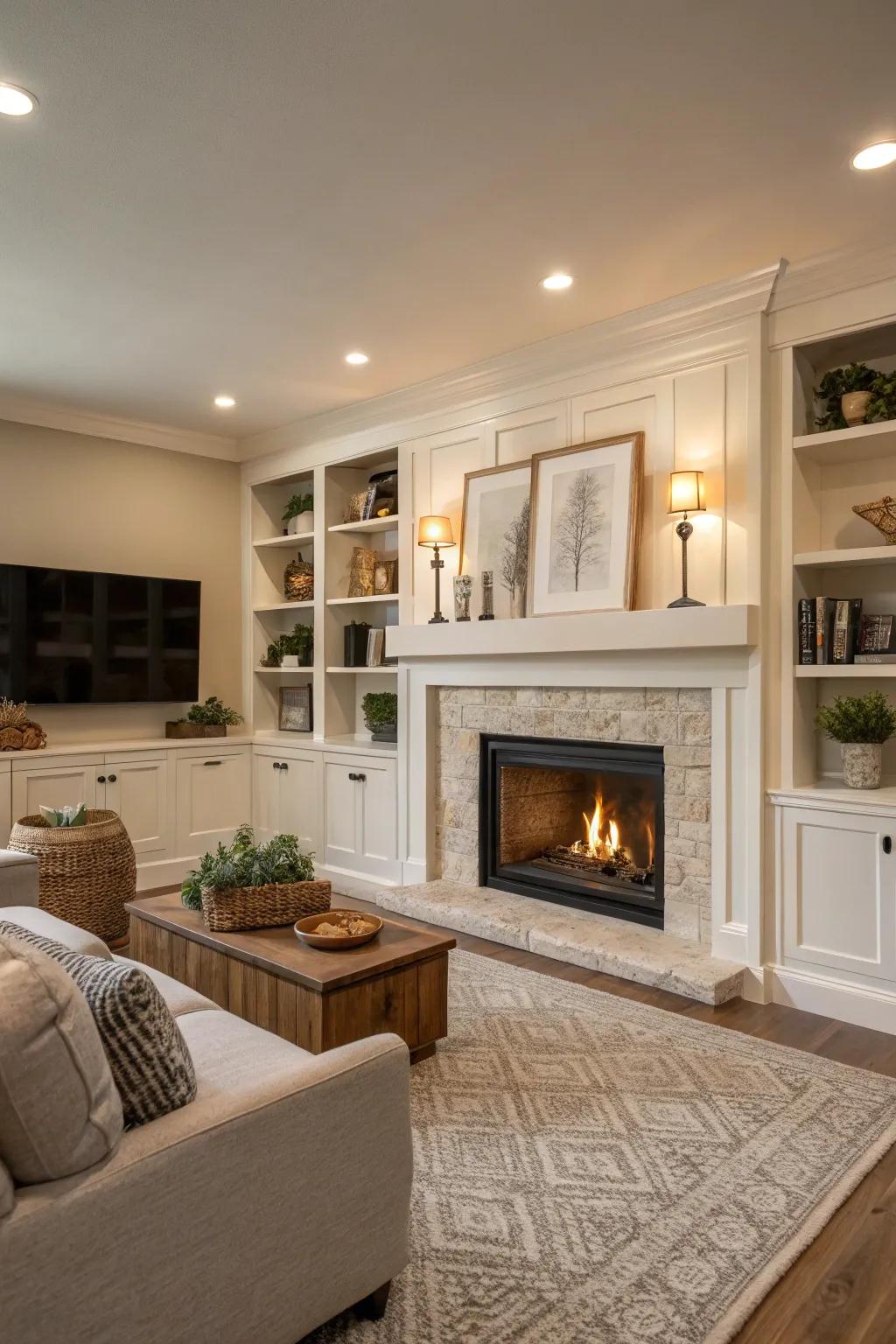 Neutral tones deliver a traditional and serene fireplace arrangement.